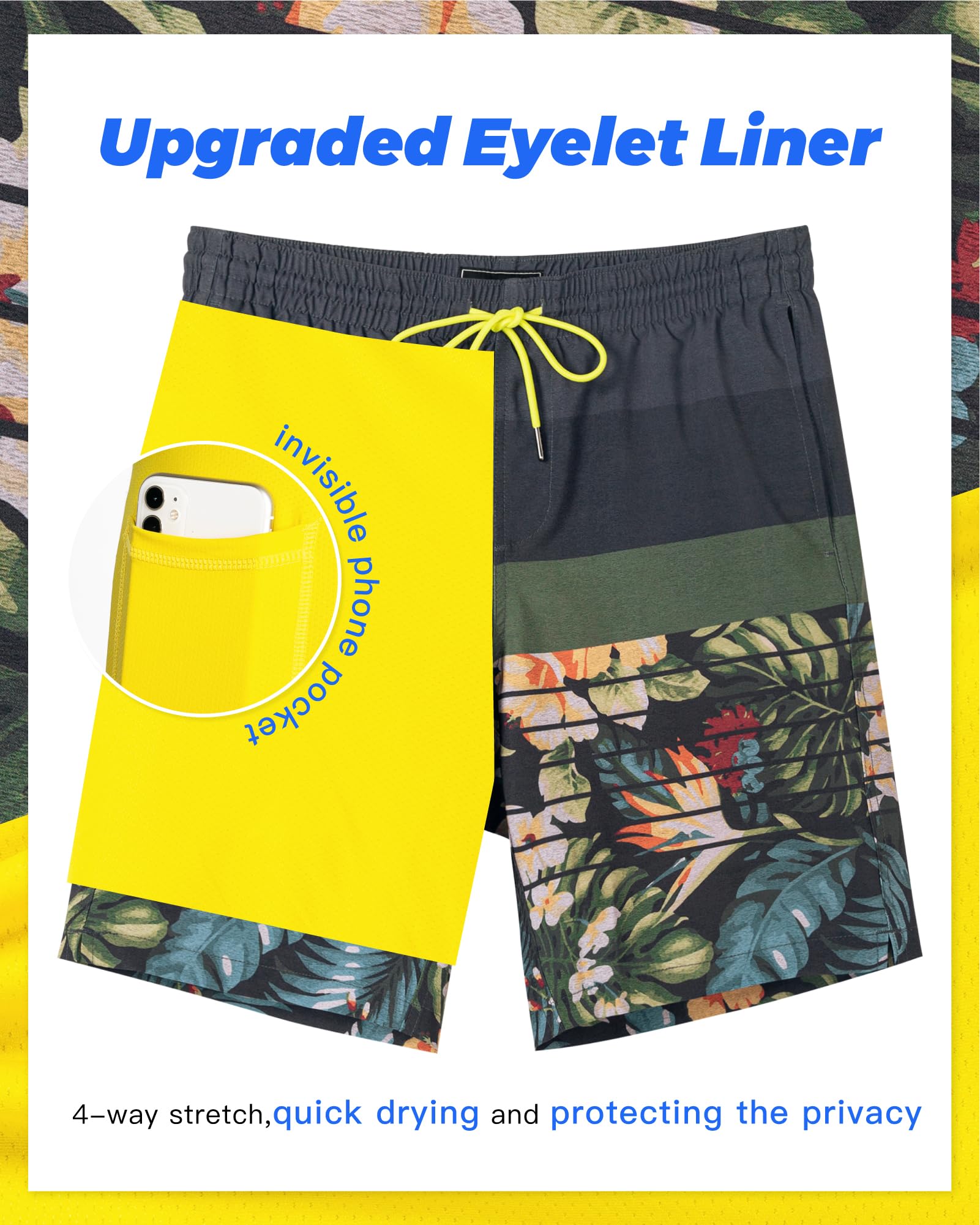 SURF CUZ Mens Swim Trunks with Compression Liner Swimming Shorts 2 in 1 Stretch Quick Dry Zipper Pockets, Forest Bloom|M - Image 4 thumbnail