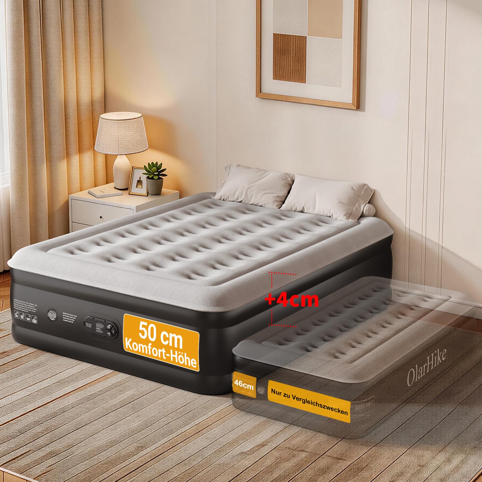 OlarHike Luftmatratze selbstaufblasend 140x200x50 cm Luftbett Gästebett | Komfortables Luftbett für Schlafzimmer und Gästezimmer. Schnelles Aufblasen, PVC, weiches Flockbett, bis 300 kg belastbar