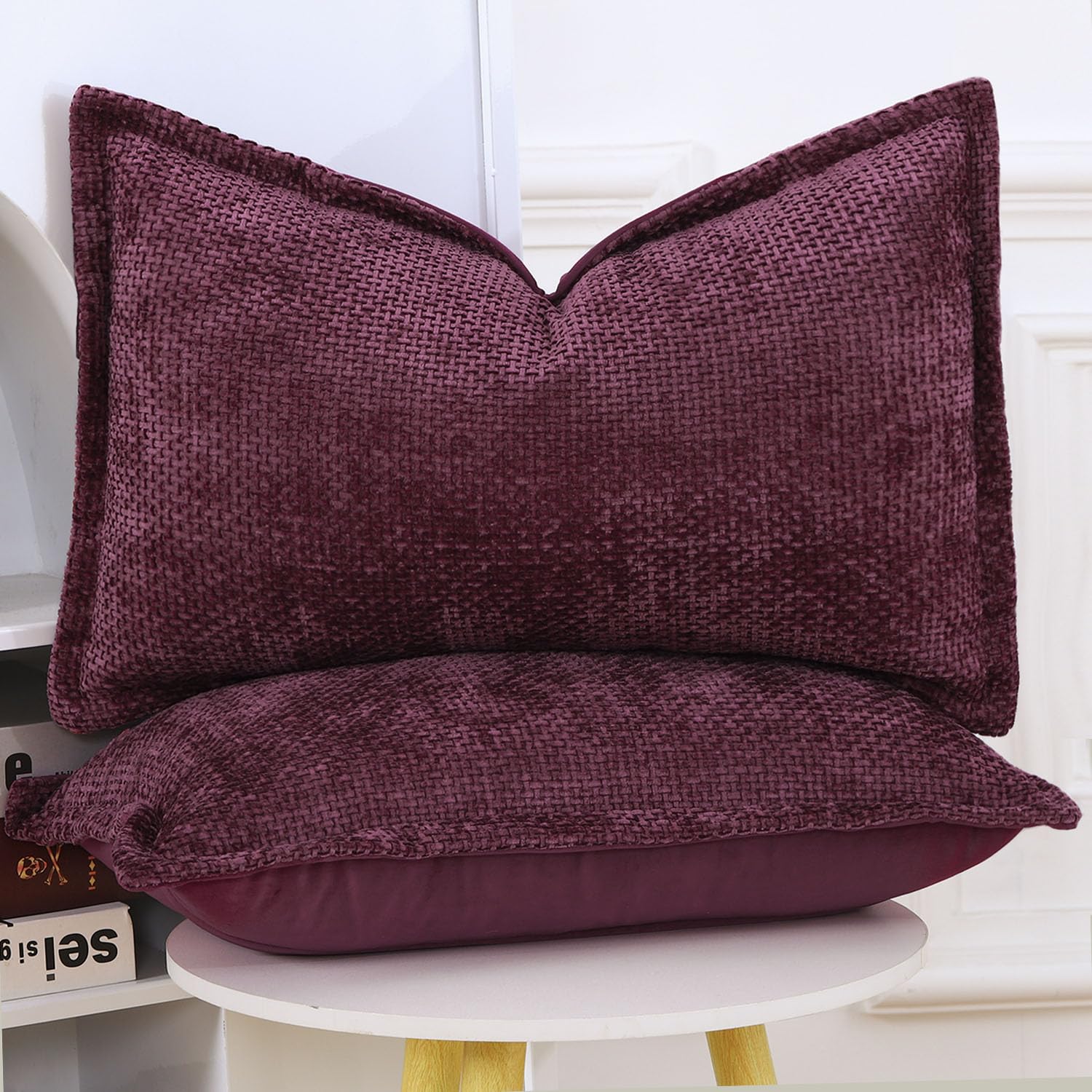 Madizz Set of 2 Chenille Velvet Cushion Covers with Flange Soft Boho Textured Throw Pillow Covers Broadside Pillowcases Modern Farmhouse Home Decor for Sofa Bedroom Burgandy 12x20 inch - Image 2