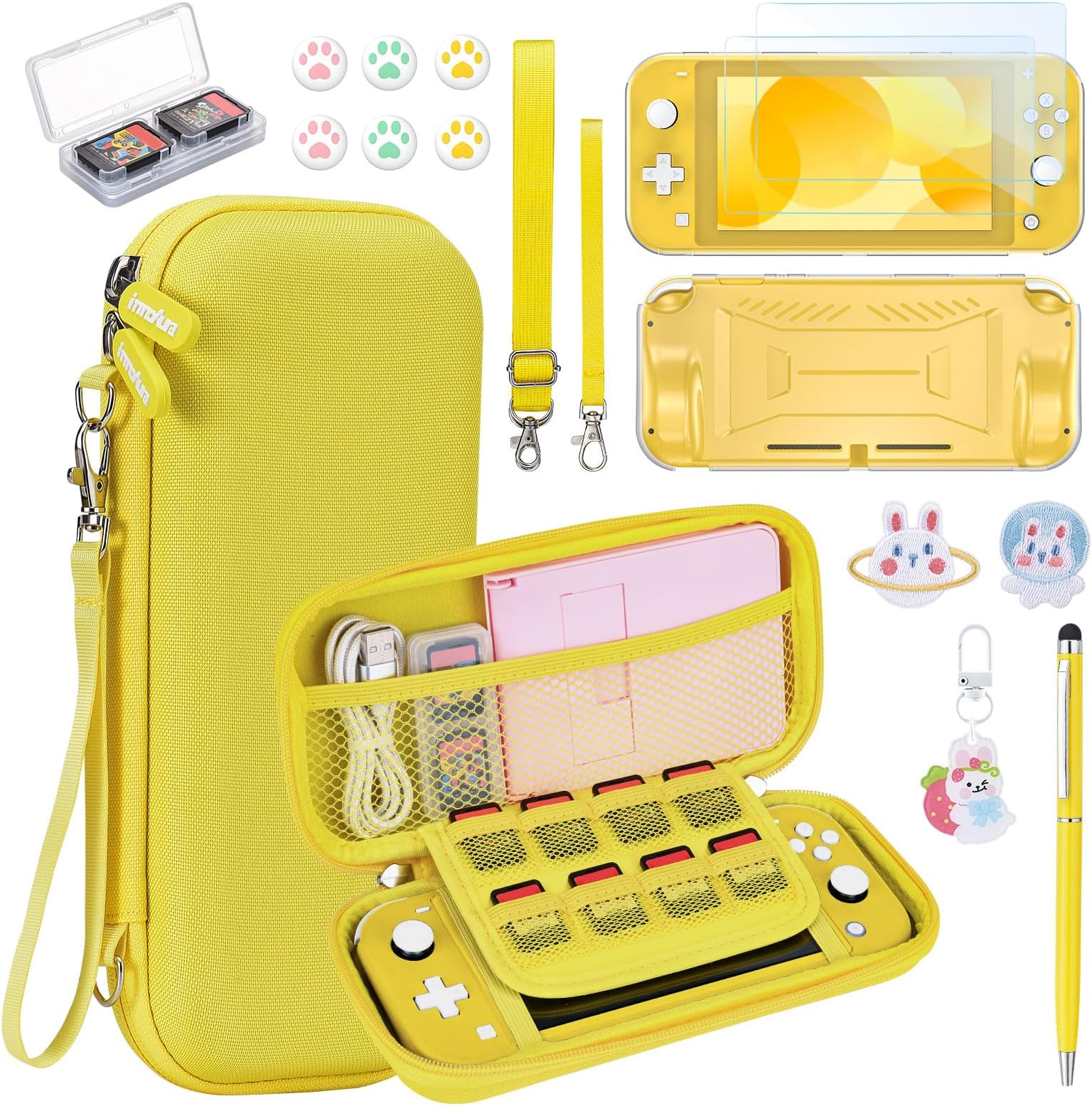 innoAura Switch Lite Case 18-in-1 Accessories Bundle for NS Switch Lite (2019), with Protective Carrying Case, Game Holder, Screen Protector & Cute Thumb Grips, Yellow