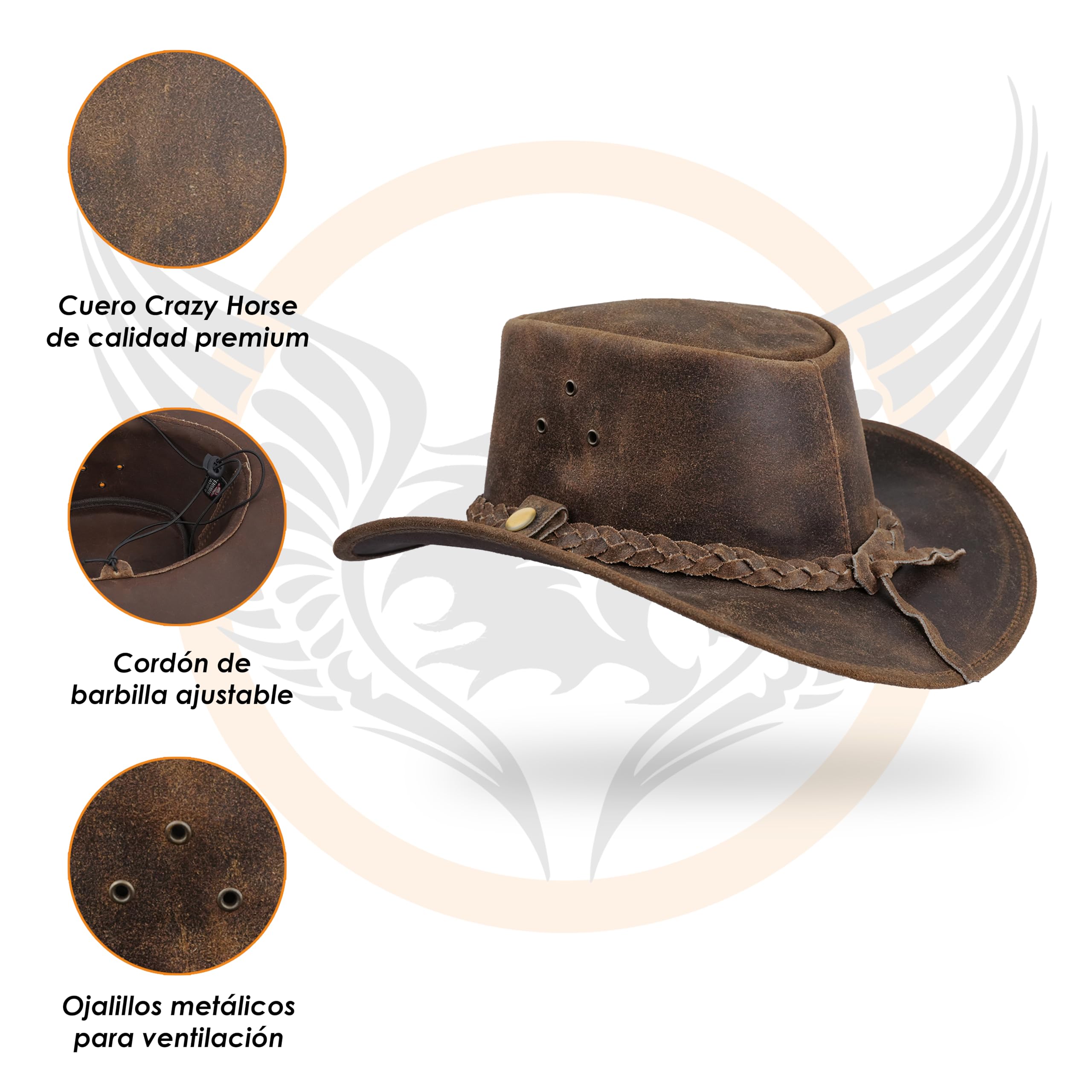 Leatherick Sombreros de Vaquero para Hombre - Estilo Australiano Occidental Sombreros de Piel de Caballo Loco Real con Correa para la Barbilla marrón Claro