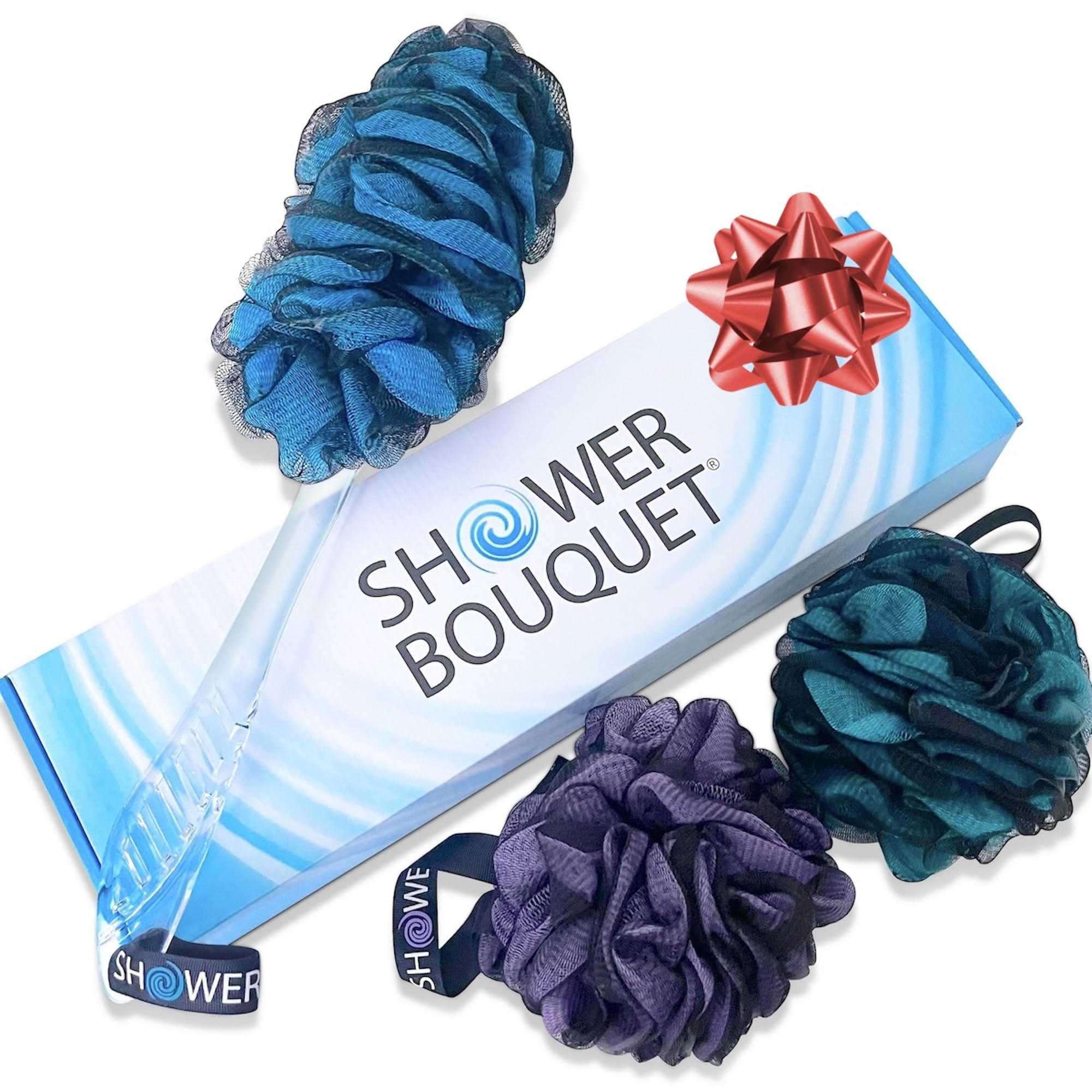 SHOWER BOUQUET Loofah-Charcoal Back-Scrubber & Bath-Sponge Color-Set // 1 Long-Handle-Back-Brush plus 2 Extra Large 75g Soft Mesh Loofa Lufa Loufa