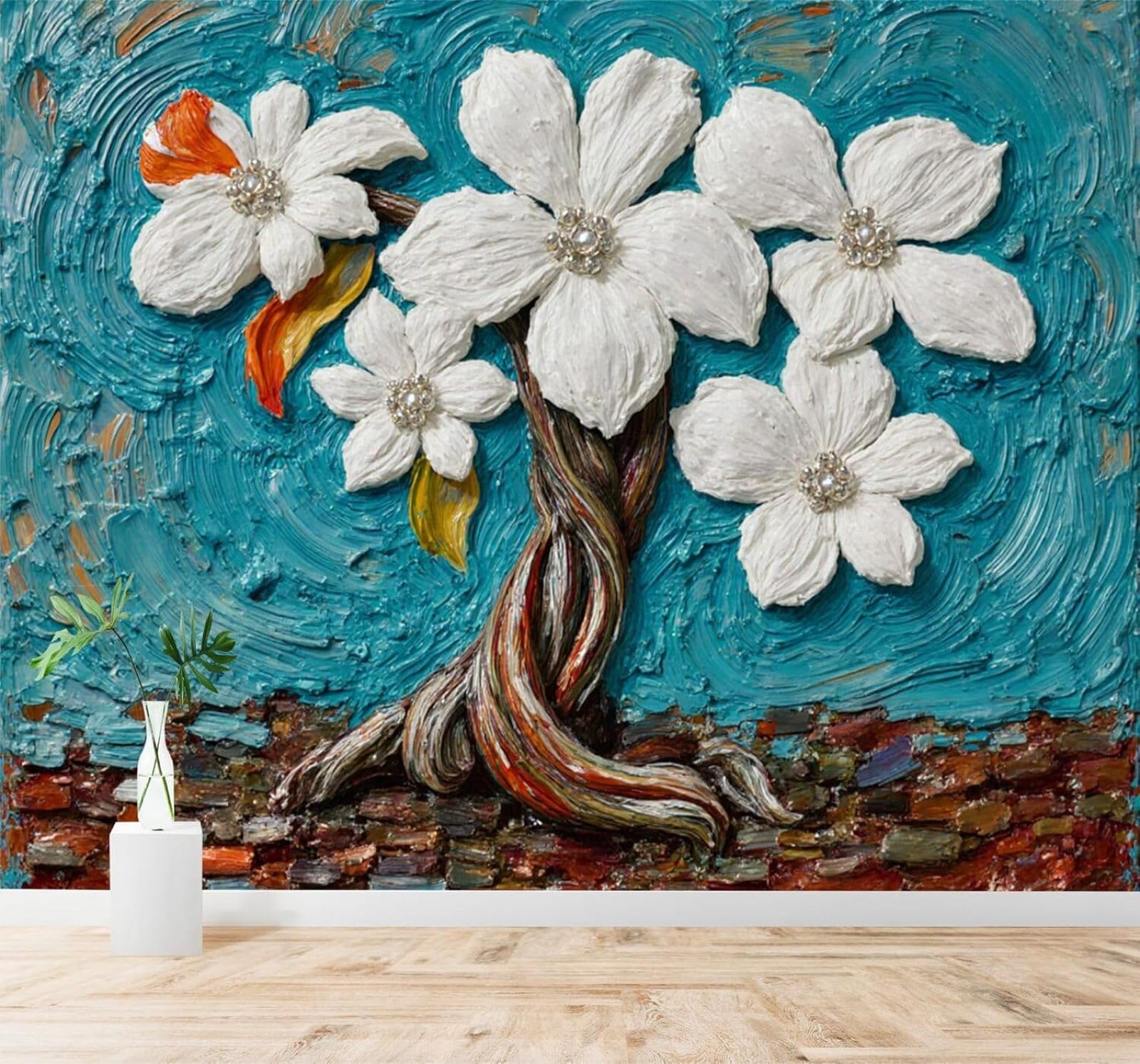 Tzxztt Creativity White Flowers Trees Abstract Blue Modern 3D Wallpaper Premium Textured Silk Neutral Tones Material Ideal for Living Room Bedroom-350cm×256cm