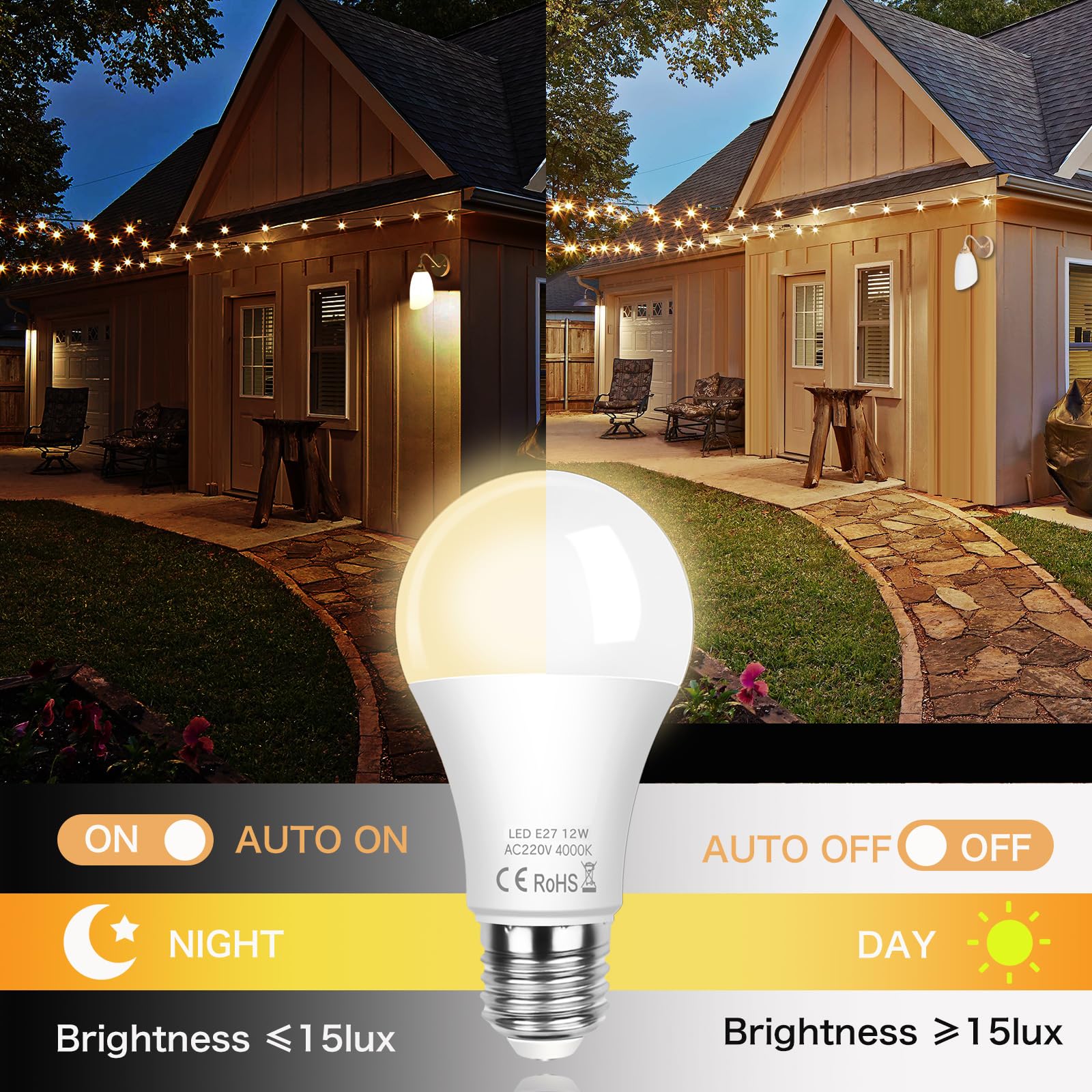 SCNNC Lampadina LED E27 Sensore Crepuscolare 12W, Auto On/Off, Bianco Naturale 4000K, Lampadine Crepuscolare da Esterno E27 per Corridoio Giardino Patio Veranda Scale, 2 Pezzi