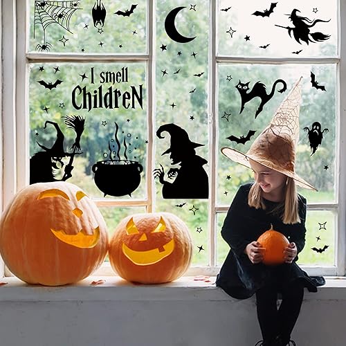 Miniatura 7 de WATINC 10 hojas de Halloween con diseño de bruja malvada para ventana, diseño de murciélago negro, gato, araña, silueta de araña, calcomanías de