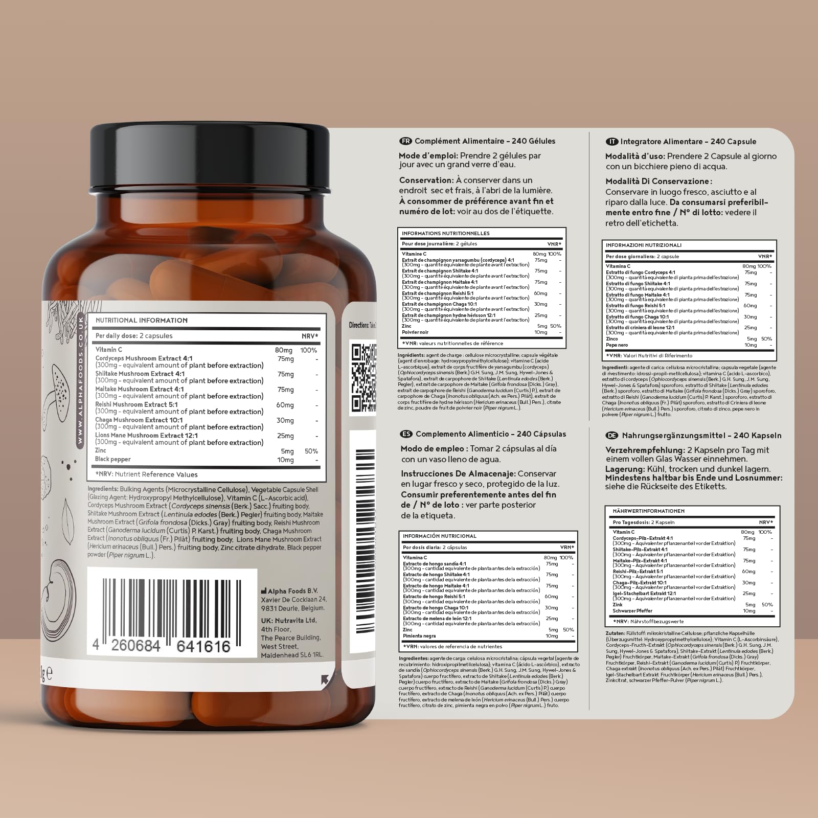 Complejo de Hongos | 240 Cápsulas Veganas | Setas Funcionales con Vitamina C y Zinc | Melena de Leon (Lions Mane), Reishi, Shiitake, Maitake, Chaga y Cordyceps | Sistema Imune y Defensas | Alpha Foods