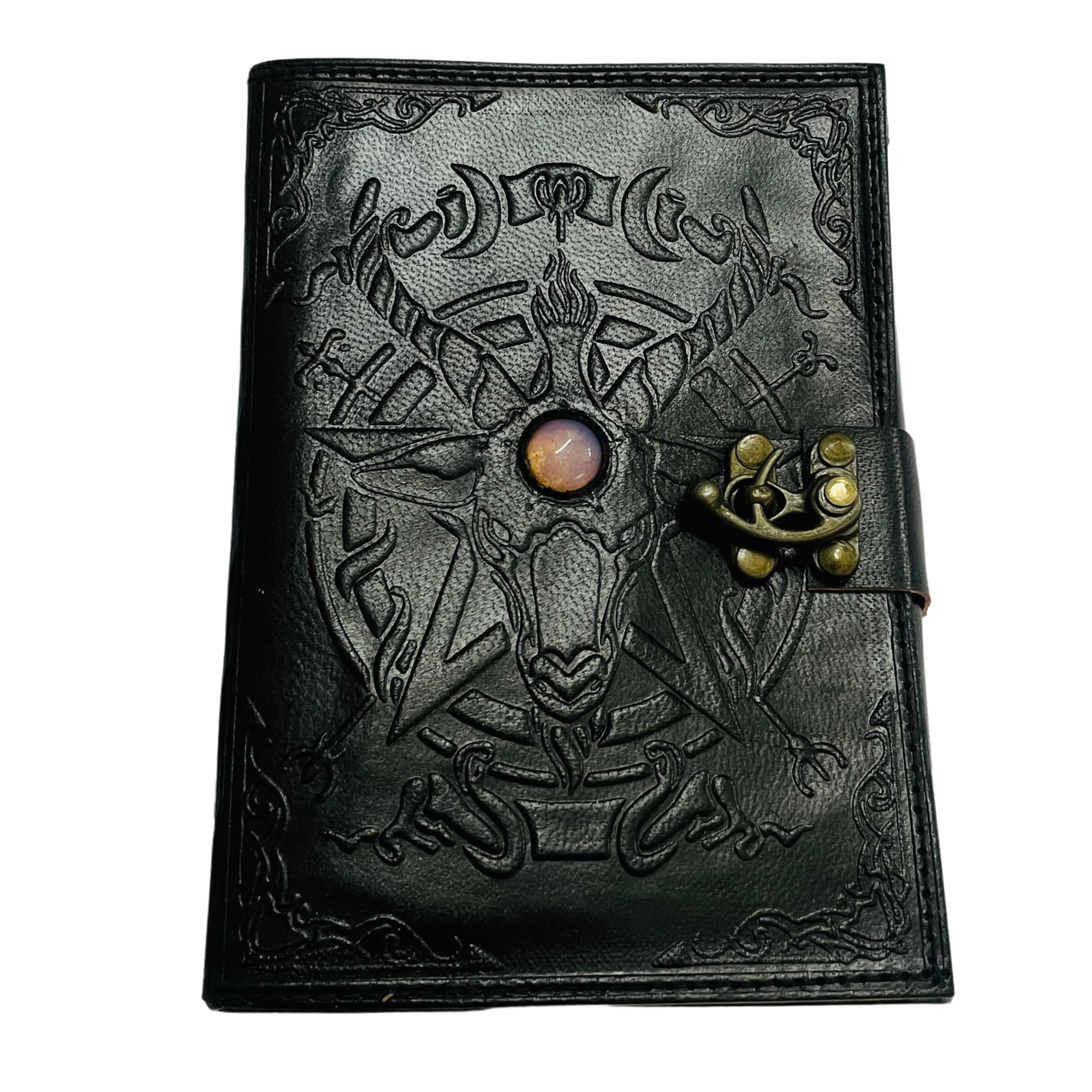 Urban Leather 7 Inch Black Leather Satan Journal with Stone for Men Women, Baphomet Book of Shadows Spells and Magic, Artist Drawing Sketchbook Diary, Unlined White Pages