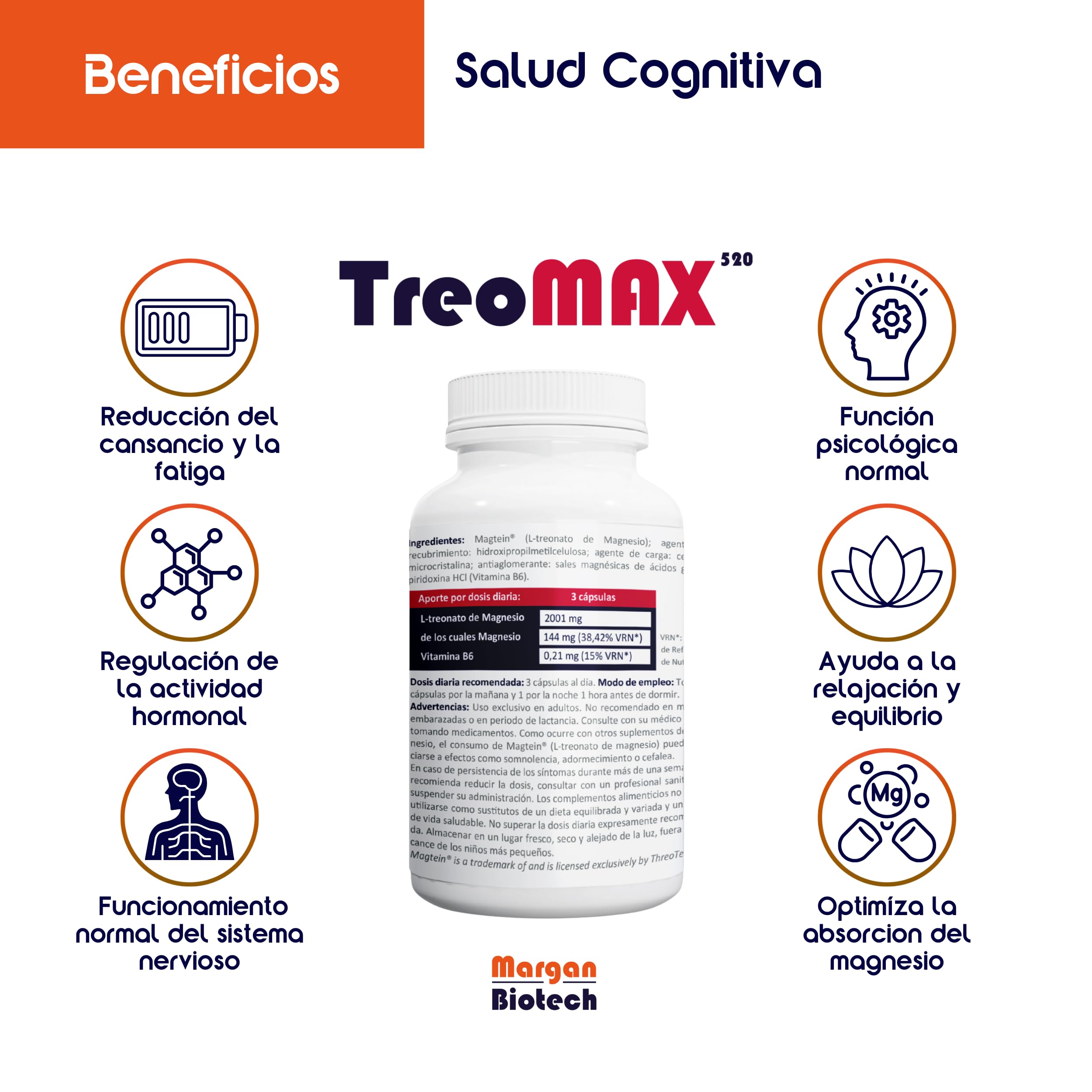 TreoMAX de Margan Biotech, 90 cápsulas | Treonato de Magnesio | Vitamina B6 | Complemento Alimenticio Para la Salud Cognitiva | Patente Magtein a dosis funcional + B6