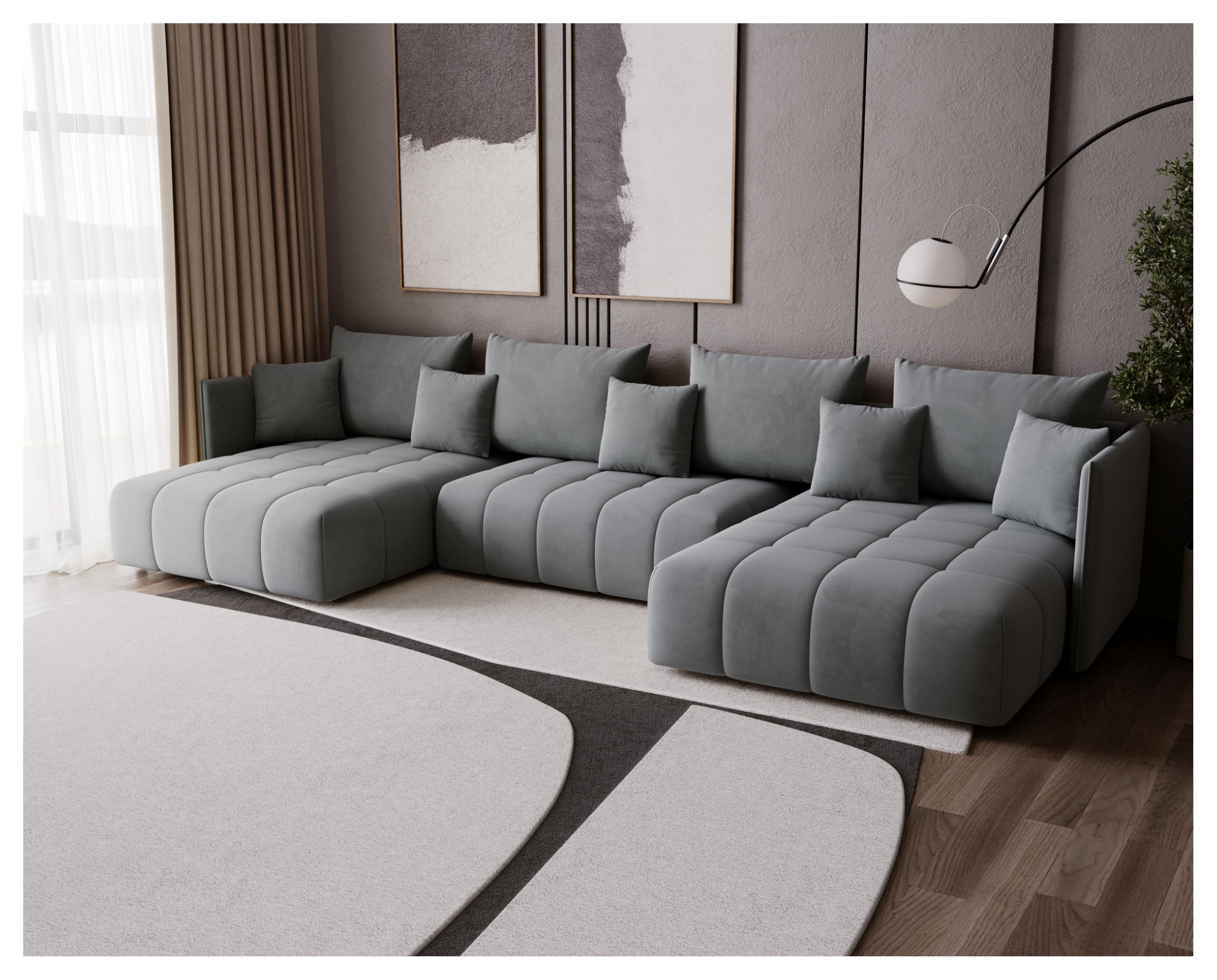 Wohnlandschaft u Form- Gona U - Schlafsofa 346 x 188 cm - T30-Schaumstoff - Automatisches Zusammenklappen für einfaches Entfalten - 346x188x93cm - Monolith 84 (Grau)