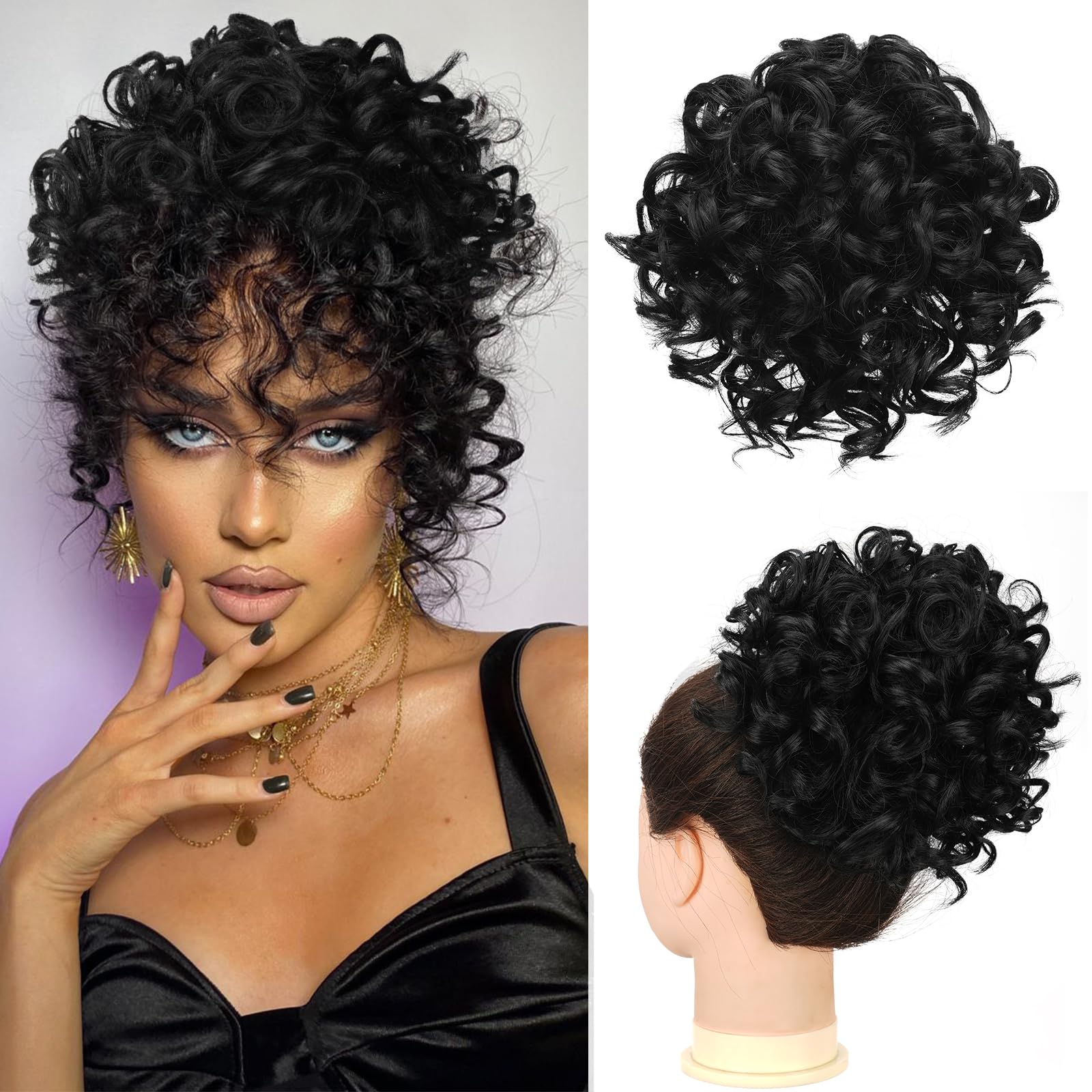 RUWISS Chignon Finto per Capelli Afro, Nero Naturale Chignon Riccio con Elastico Posticcio per Capelli Chignon per Donne, 85g
