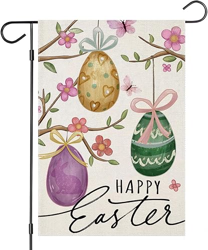 EKOREST Banderas de jardín de Pascua para exteriores, huevos de Pascua en acuarela con ramas de flores, decoración de patio, decoración pequeña de