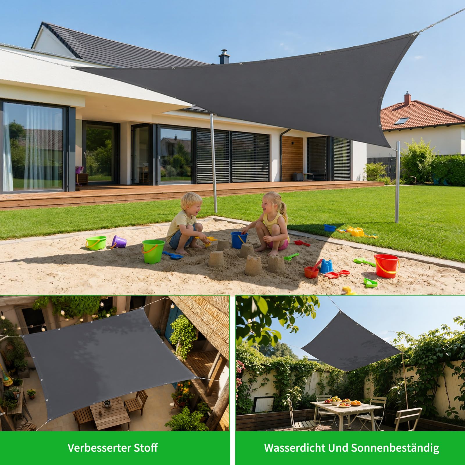 Sonnensegel 2x2m Polyester Wasserdicht mit UV-Schutz | Grau, 2 x 2 m, quadratisch, 185 g/m² Polyester, PU-beschichtet, 400 kPa, UV-Schutz, Balkon & Terrasse