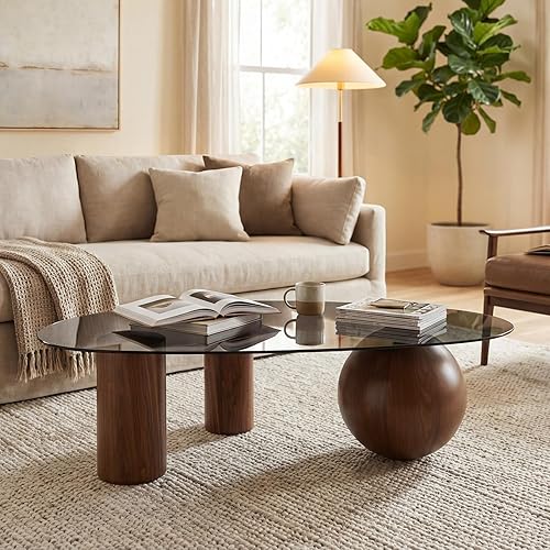 Miniatura 8 de Mesa de centro de cristal moderna de 55 pulgadas para sala de estar, mesa de centro grande con parte superior de vidrio templado ovalada gris, patas