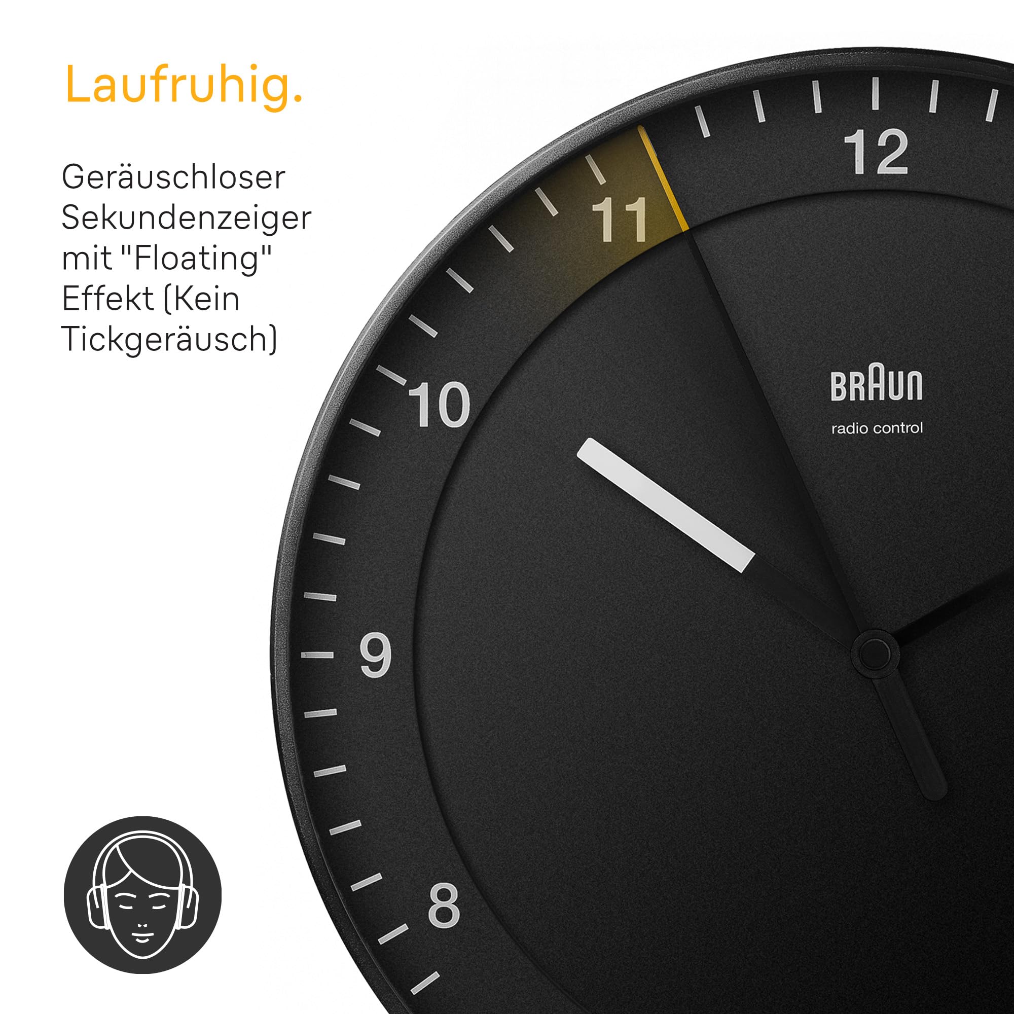 Braun Klassische große Funkwanduhr Mitteleuropäische Zeitzone (MEZ/GMT+1) mit leisem Uhrwerk, leicht lesbares Zifferblatt, 30cm Durchmesser, schwarzes Modell BC17B-DCF.