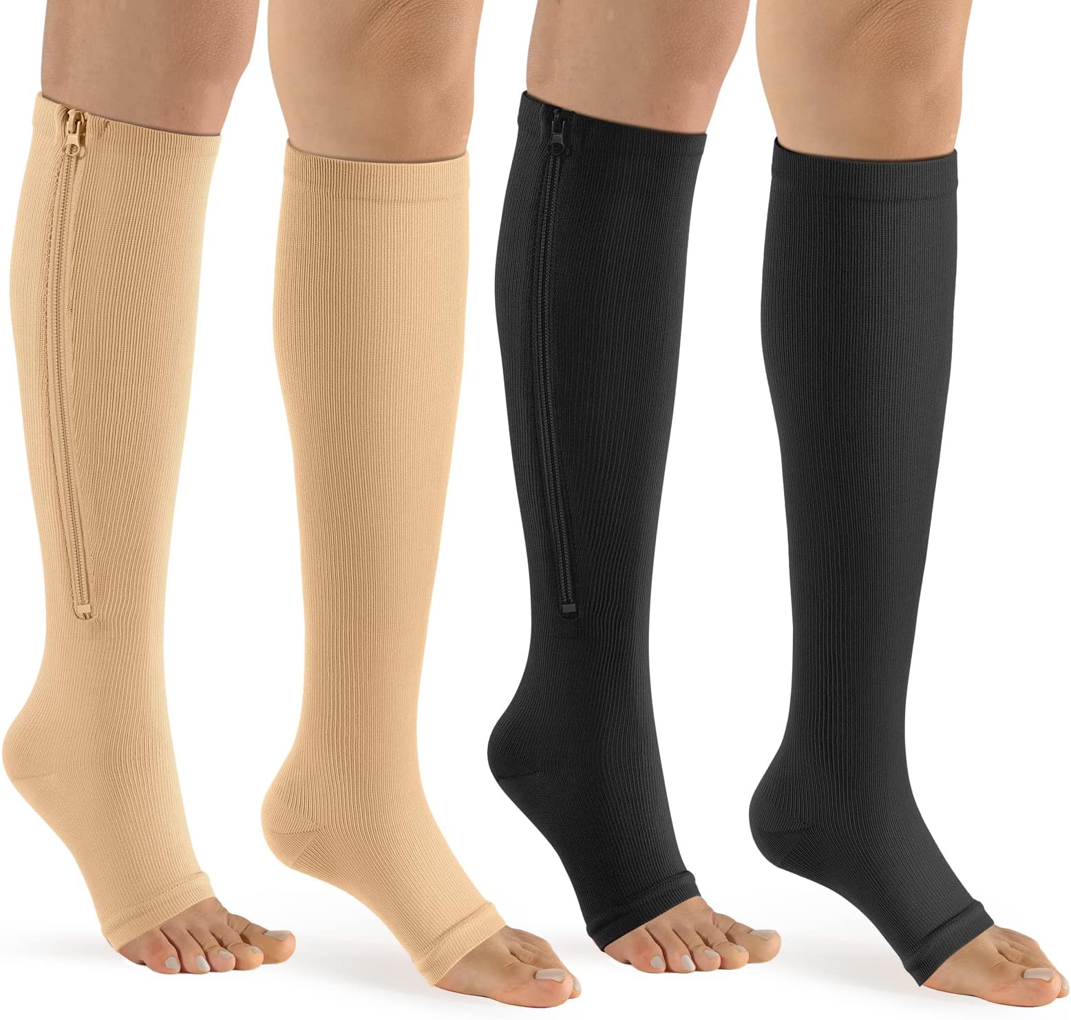 bropite Zipper Compression Socks Women & Men - 2Pairs Calf Knee High 15-20mmHg Open Toe Compression Stocking suit for Walking