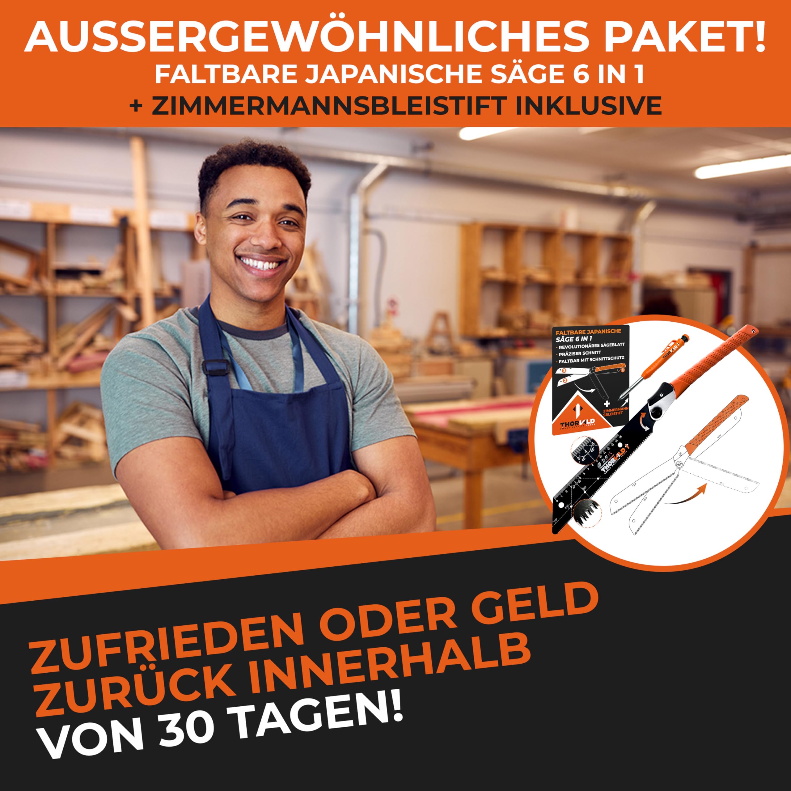 THORVALD Japansäge klappbar 240mm - Inkl. Tieflochmarker - Hochpräzise Profi Handsäge Holz & PVC - Vielseitige Holzsäge Feinsäge Zugsäge Klappsäge Outdoor