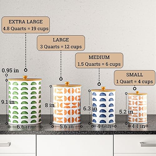Miniatura 6 de Juego de 4 recipientes de cocina para encimera, recipientes de cocina de hierro con patrones con tapas herméticas, juego de recipientes de harina y