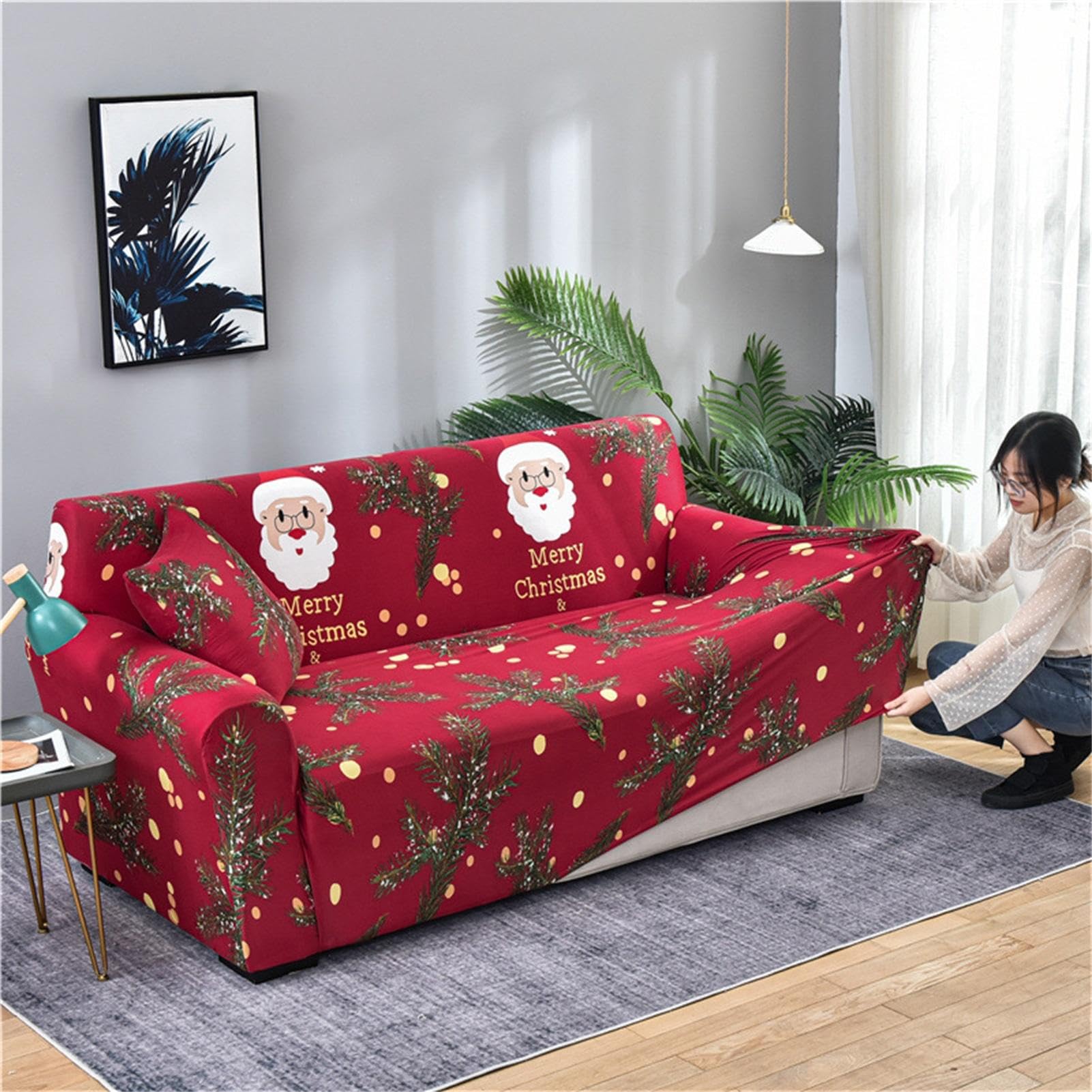 Christmas Sofa Cover | Christmas Theme Stretch Sofa Cover | Cartoon Santa Claus Print Sofa Cover | Large Merry Christmas Sofa Cover