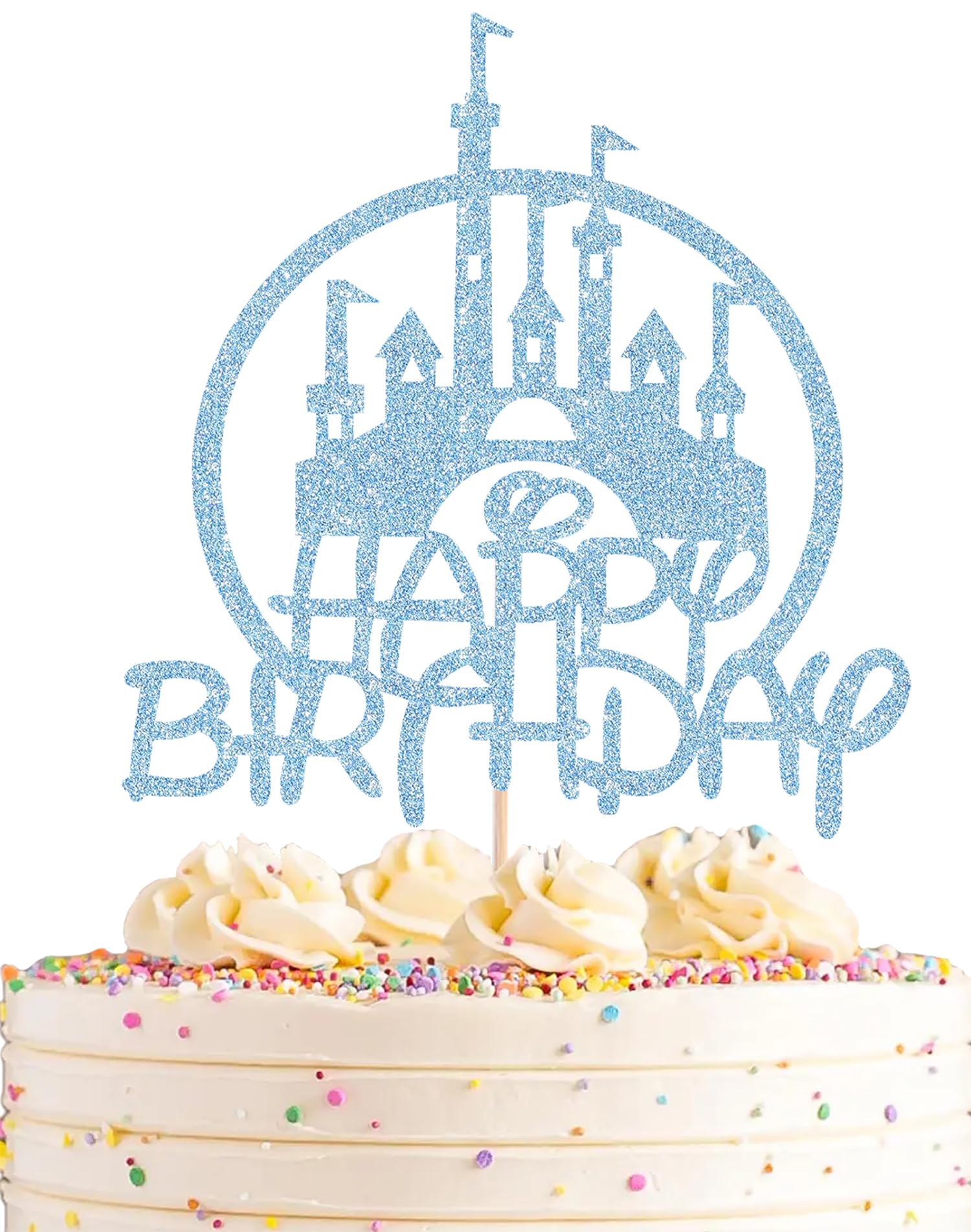 Castle Birthday Cake Topper - Light Blue Glitter Castle Theme Birthday Party Cake Decoration Supply - Princess Prince Happy Bday Cake Topper Photo