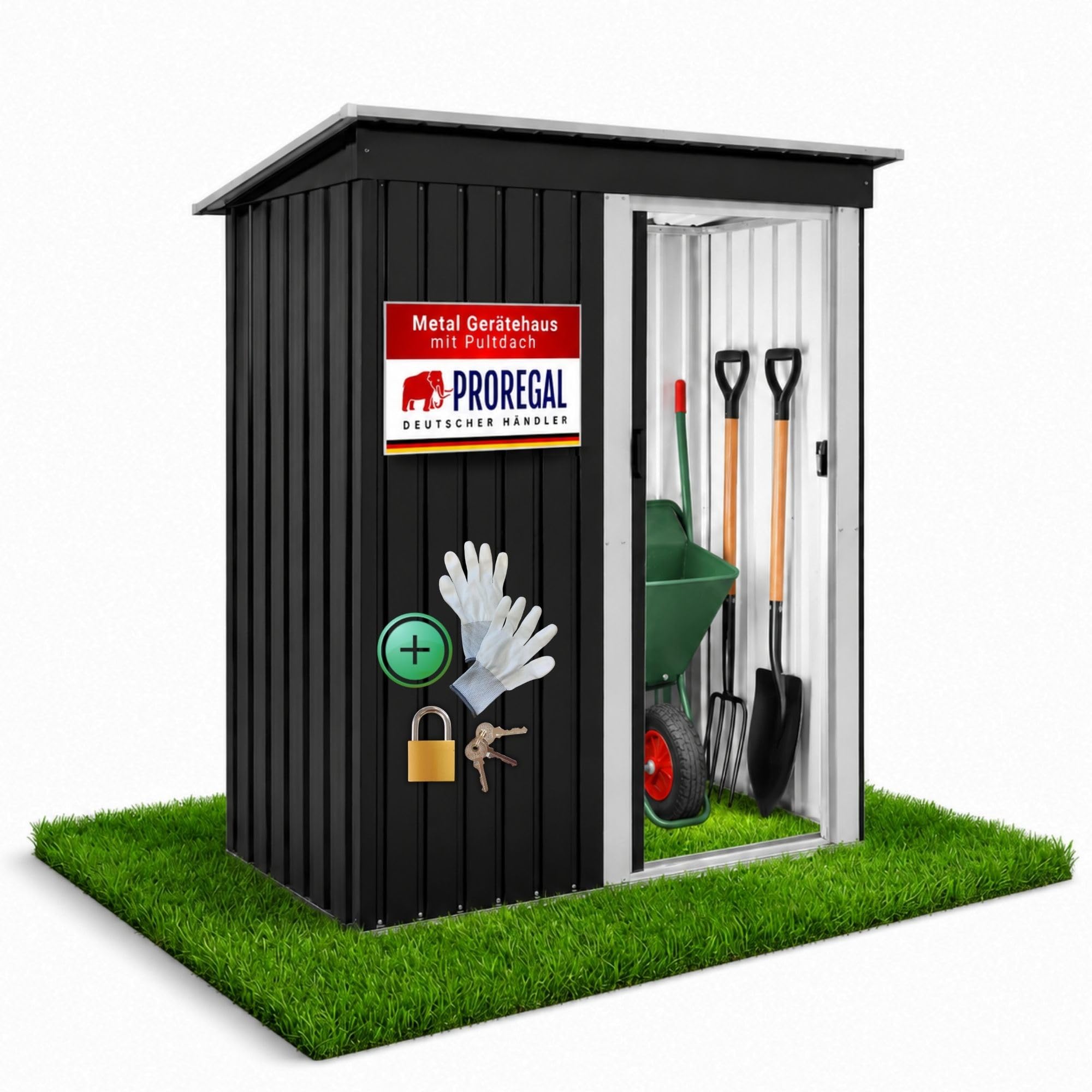 PROREGAL Gartenhaus Gerätehaus Eden Metall Klein für Garten mit Pultdach, 2 m³, abschließbarer Schiebetür 182x161x88cm Anthrazit Geräteschuppen wetterfest Gartenhütte Outdoor