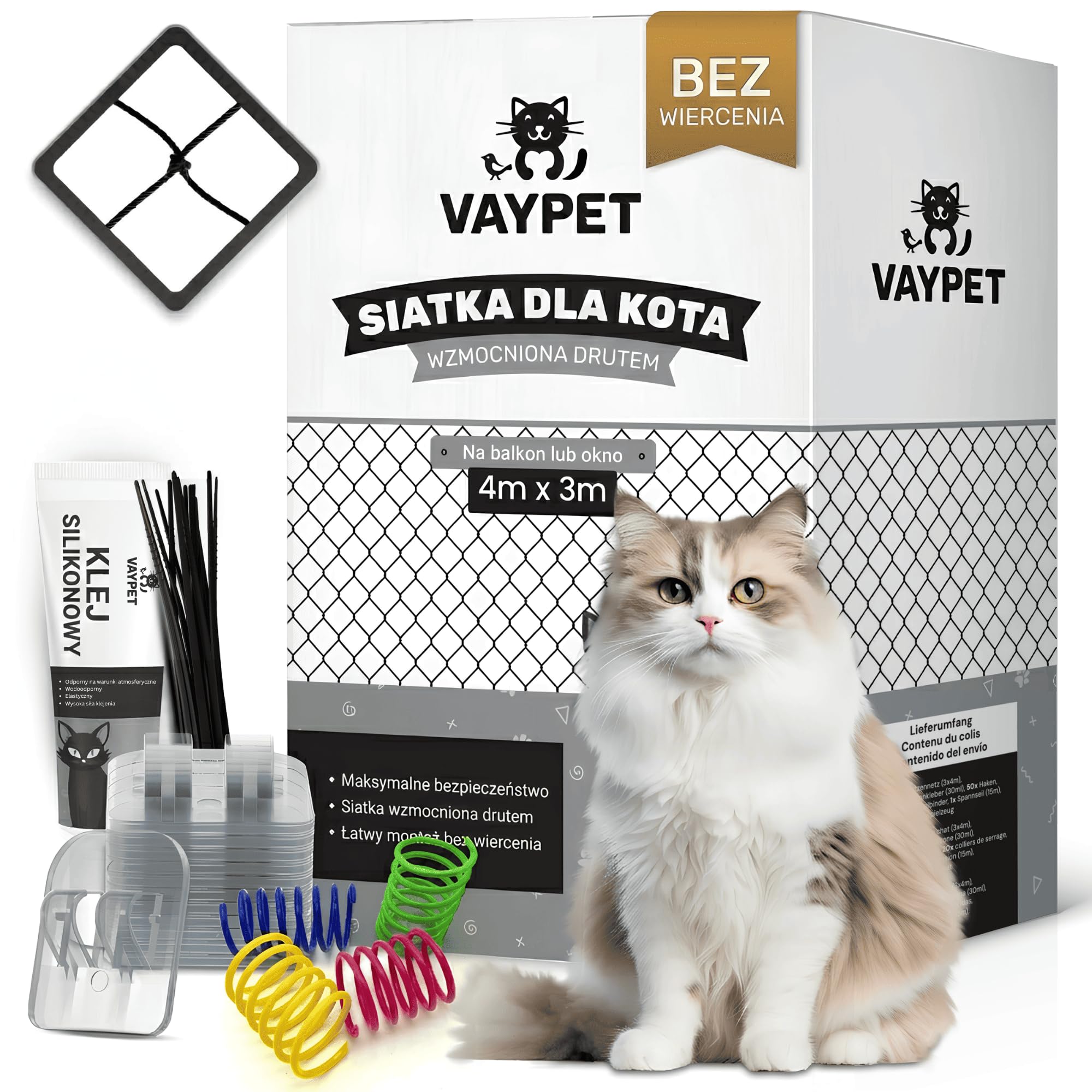 VAYPET® Siatka dla Kota na Balkon [4x3m] - bez Wiercenia, wzmocniona | W zestawie Haczyki + Klej Silikonowy | Siatka wzmocniona Drutem | Siatka Ochronna dla Kota na Balkon, Okno
