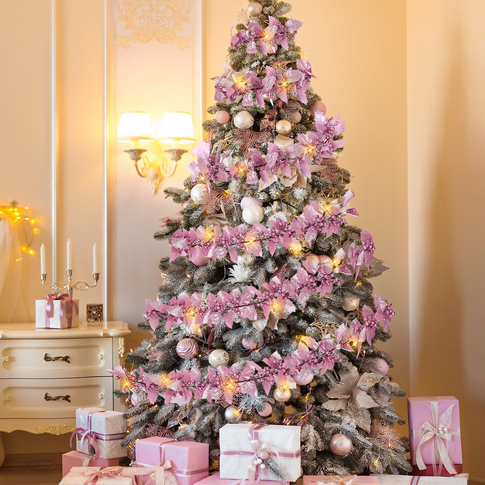 Syhood Guirlande de baies de Noël de 1,8 m - Guirlande lumineuse de feuilles de houx artificielles pour intérieur - Décoration d'automne et de Noël - Guirlande lumineuse pour cheminée, cheminée - Rose