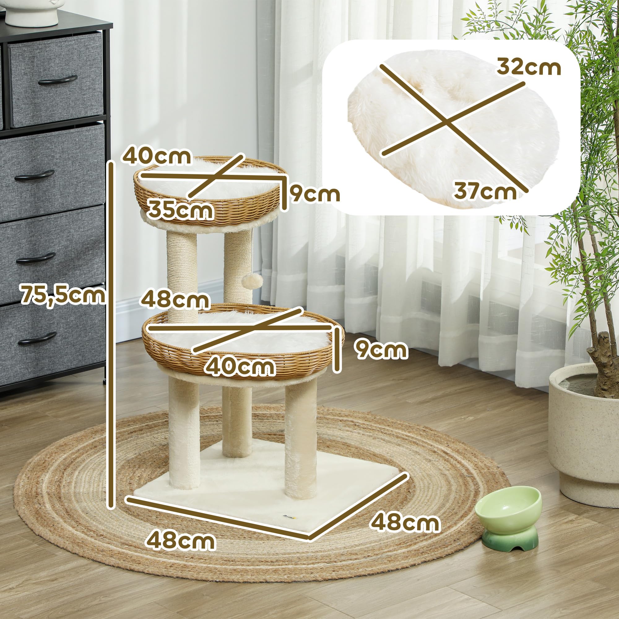 PawHut Kratzbaum, Kletterbaum, Höhe 75,5 cm, mit Zwei Katzenbetten aus Rattan, Kratzstangen, waschbaren Kissen, Spielzeugball, Beige