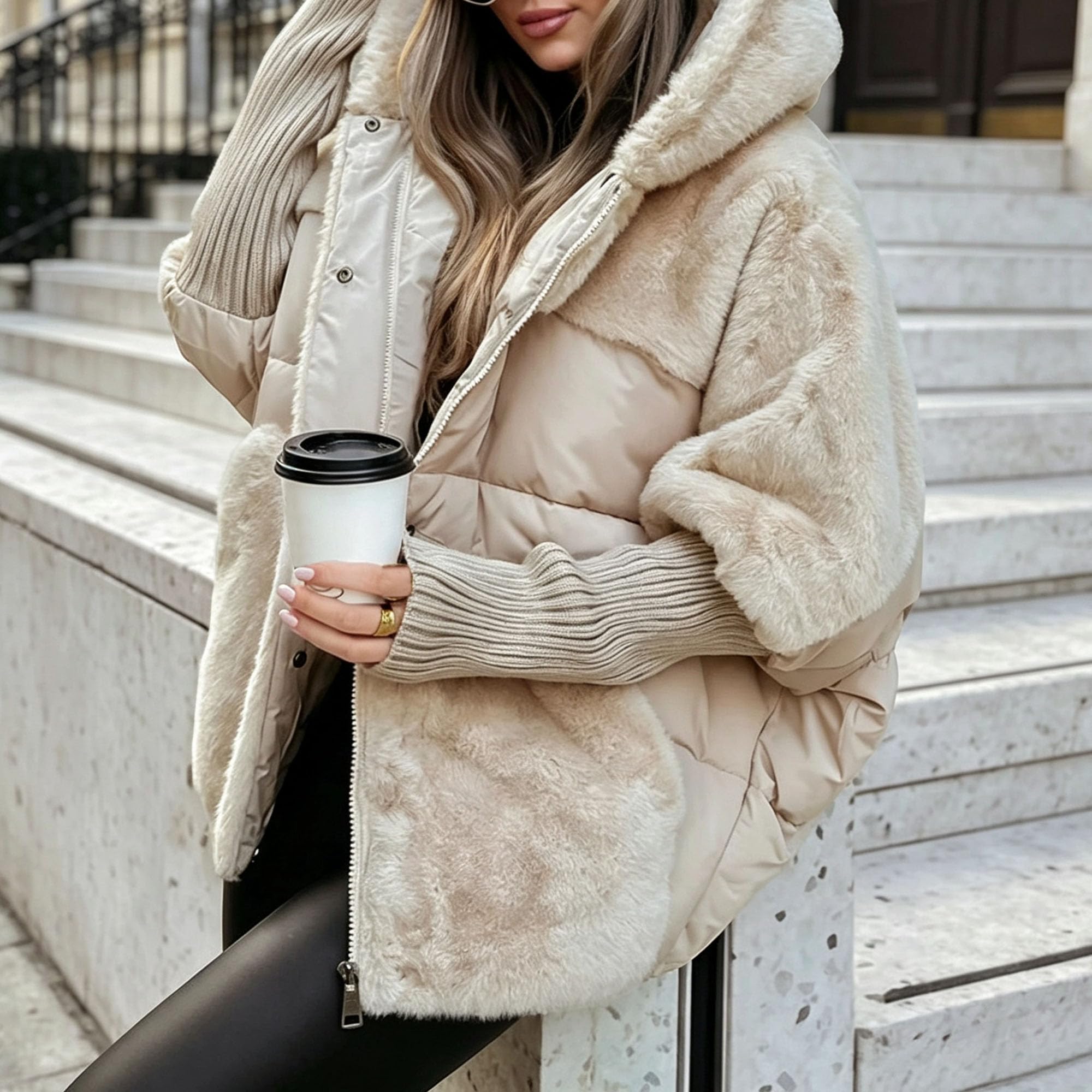 Piumino invernale da donna con cappuccio e cappuccio e orlo sfocato, per