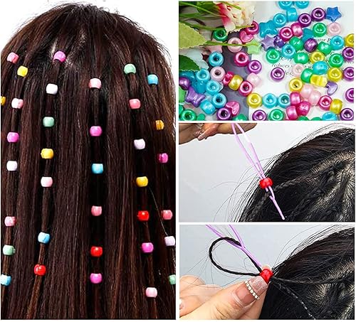 Miniatura 9 de 1680 cuentas de pony para trenzar el cabello, estrellas acrílicas con purpurina de corazón, cuentas de agujero grande con banda de goma elástica,