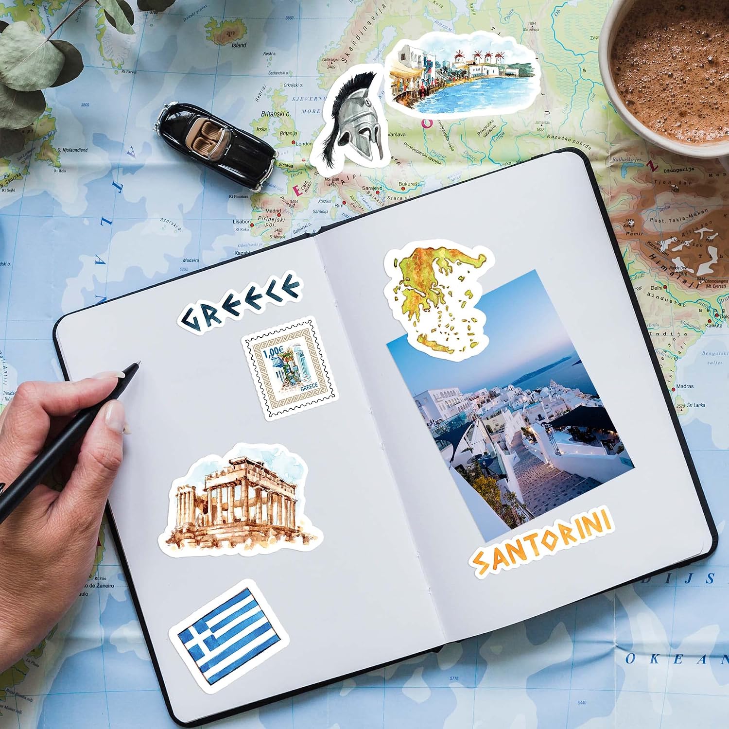 Navy Peony Idyllic Greece Travel Stickers (29 Pieces) - Watercolor, Waterproof, Country Themed | Iconic Vacation Decals for Journals, Scrapbooks, Water Bottles, Suitcase