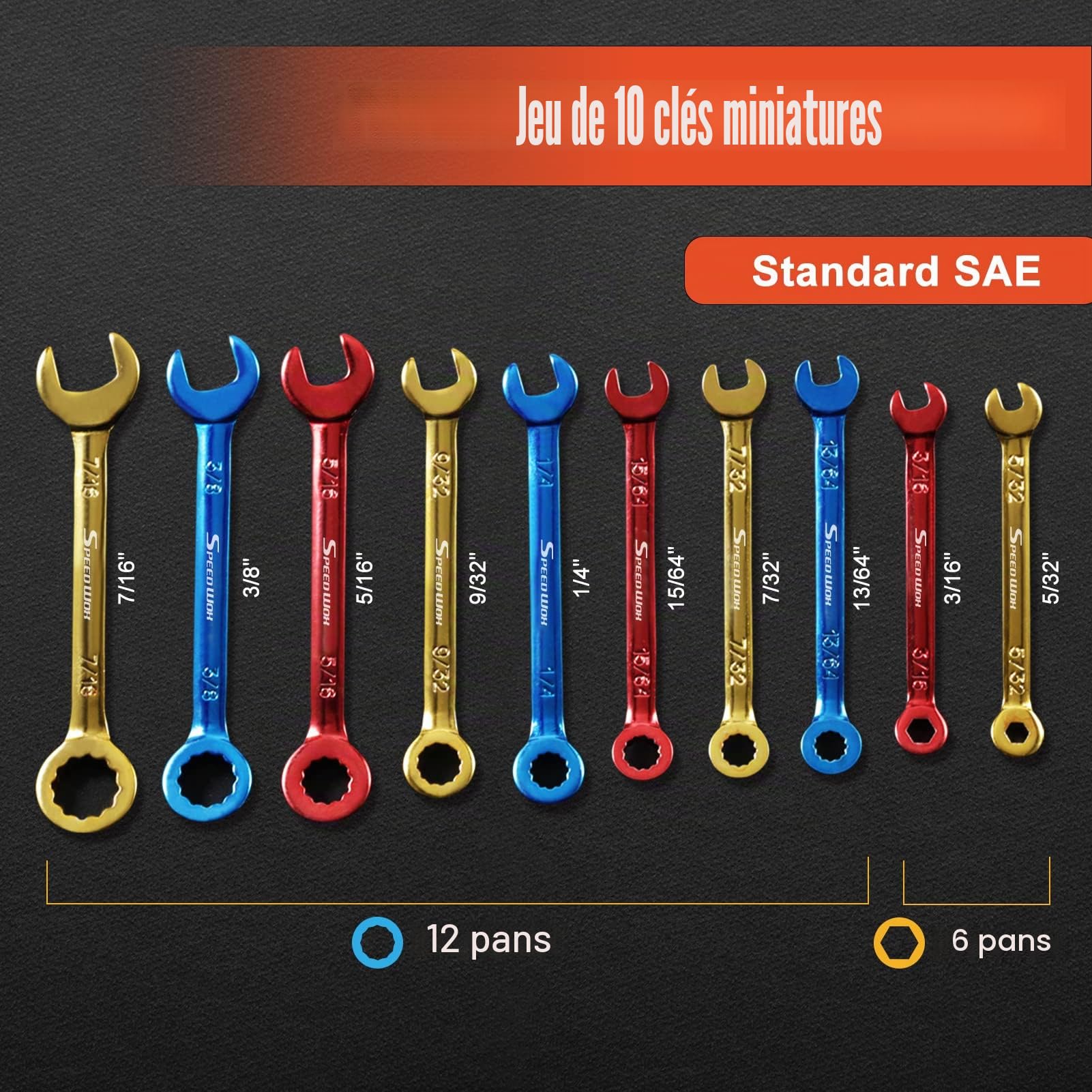 SPEEDWOX Lot de 10 mini clés mixtes métriques et SAE plaquées couleur à bout ouvert et à bout carré, avec pochette portable et grand anneau (4 à 11 mm)