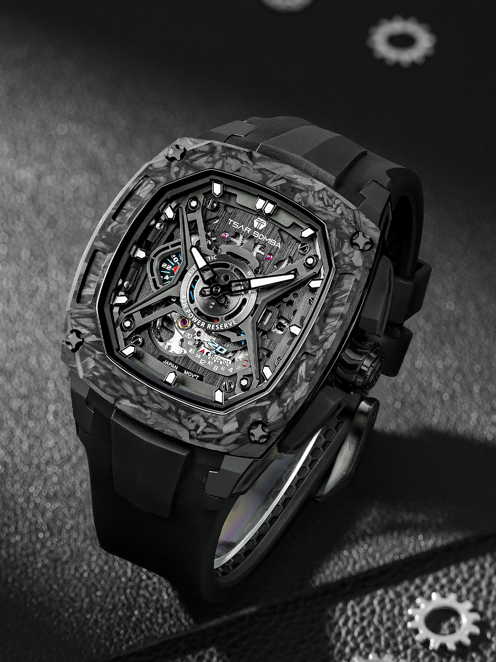 TSAR BOMBA Automatik-Herrenuhr Uhren Herren Saphirglas Karbon-Gehäuse | Japanisches Uhrwerk,sportlich-elegant für Business & Freizeit,bequemes Kautschukband,luxuriöses Design Schwarz