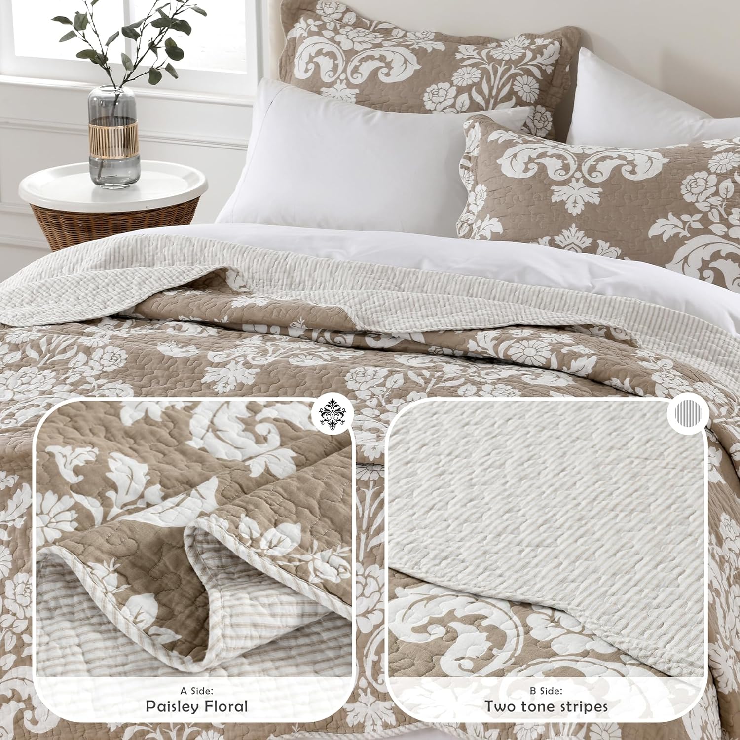 Taupe King Quilt Set - 100% Cotton Farmhouse Floral & Striped Quilts - Taupe and White Reversible Quilt Bedding Set - Lightweight All-Season Coverlet Bedspread Set 3-Piece | Breathable & Soft, Earth Tone Decor