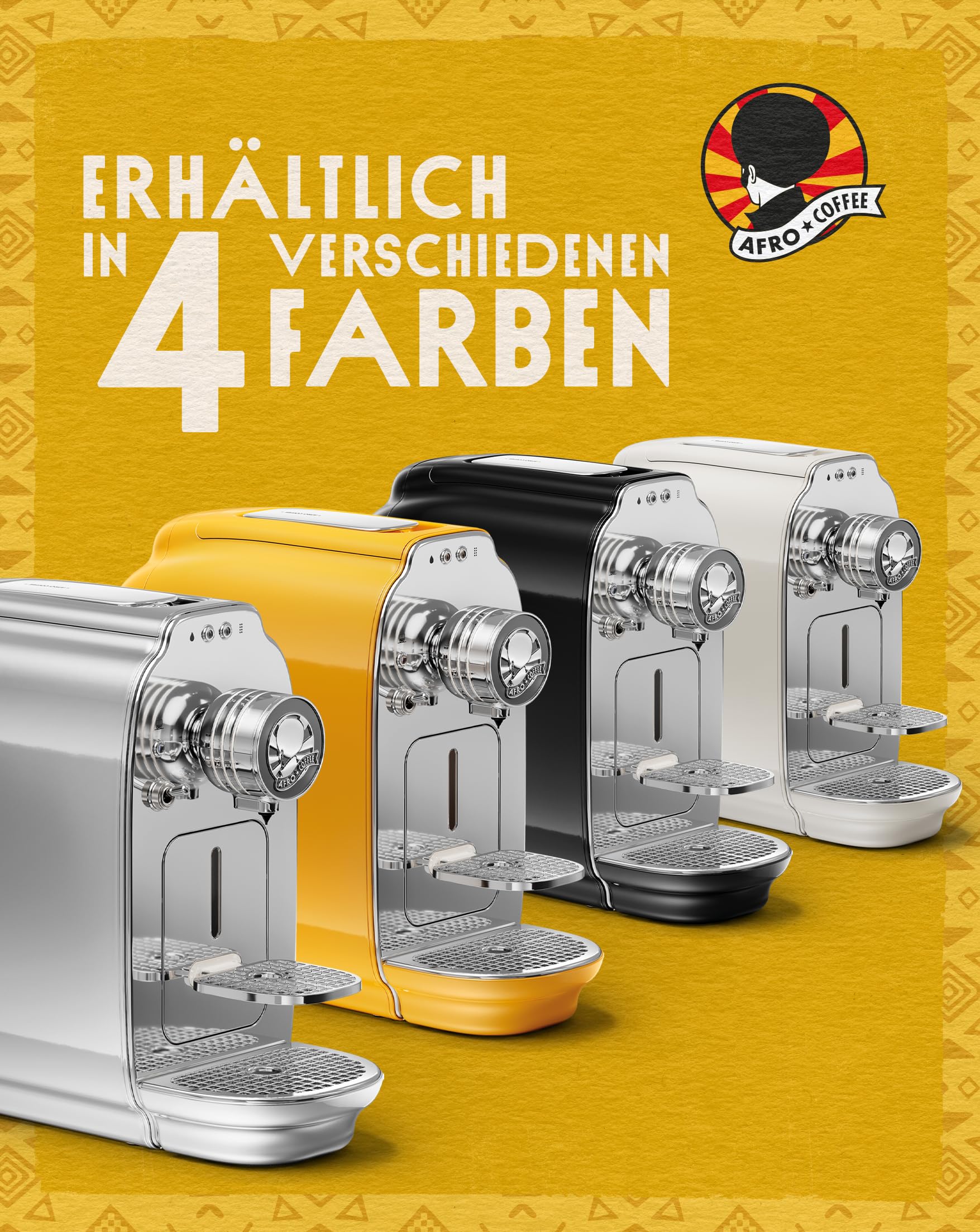 Afro Coffee Kahawa Premium ekspres do kawy Chrome Silver – kompaktowy ekspres na kapsułki z ciśnieniem 19 bar, automatyczne wyłączanie i wyjmowany zbiornik na wodę