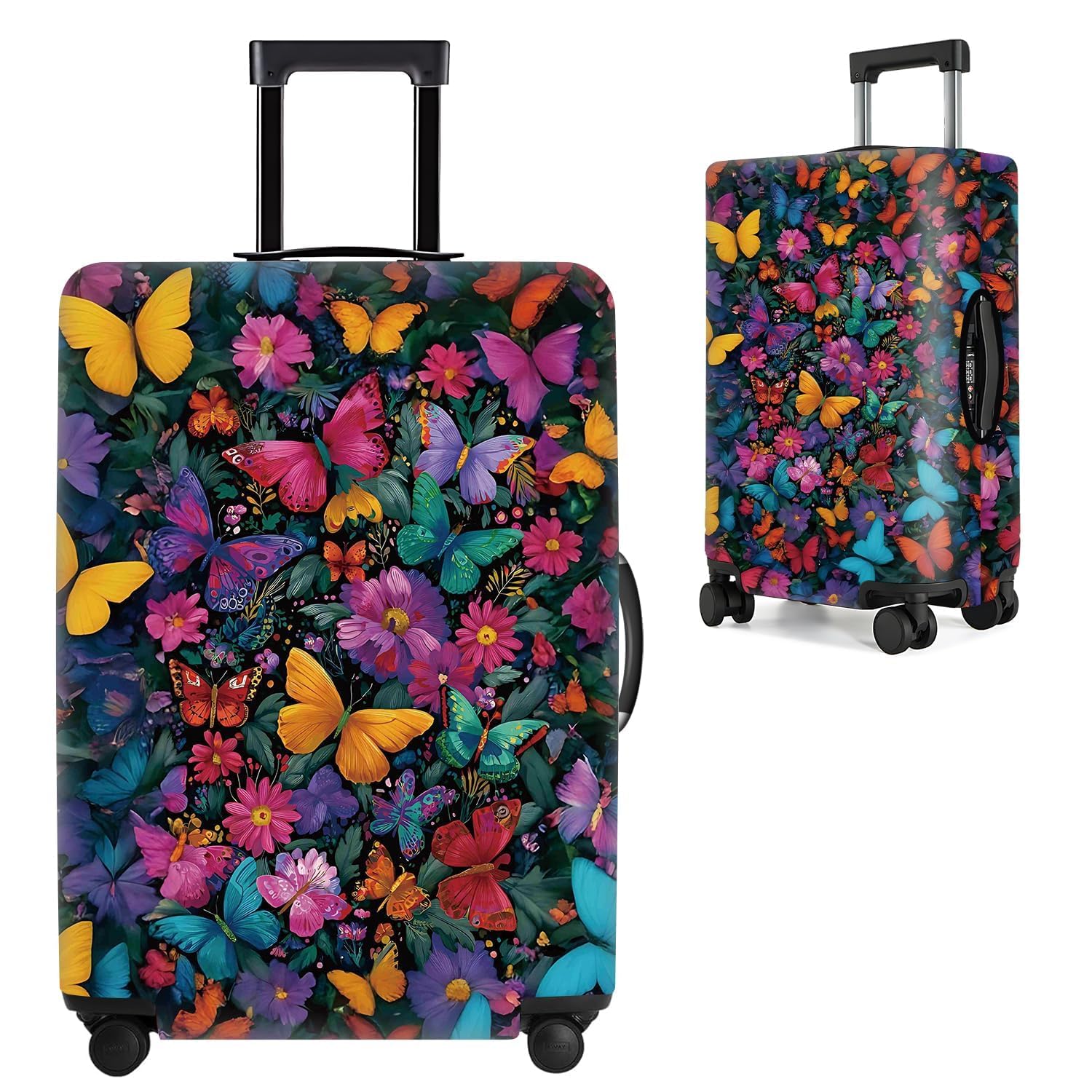 Vibrant Butterfly and Floral Luggage Cover – Colorful Suitcase Protector for 20 to 22 Inch Luggage – Stretch Travel Cover with Nature-Inspired Design,S