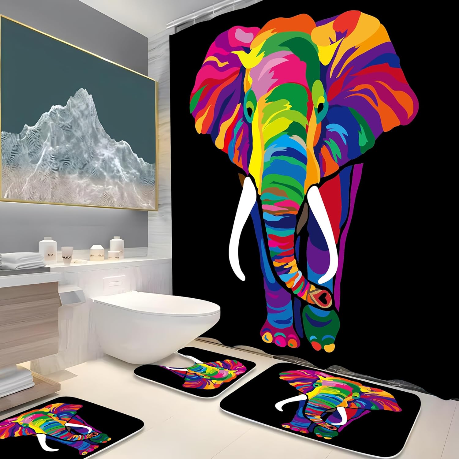 4 Pcs African Elephant Shower Curtain Sets with Rugs Toilet Lid Cover Bath Mat Cute Colorful Wild African Animal Rainbow Elephant Black Shower Curtain for Bathroom Set with Hooks 72 x 72 Inch