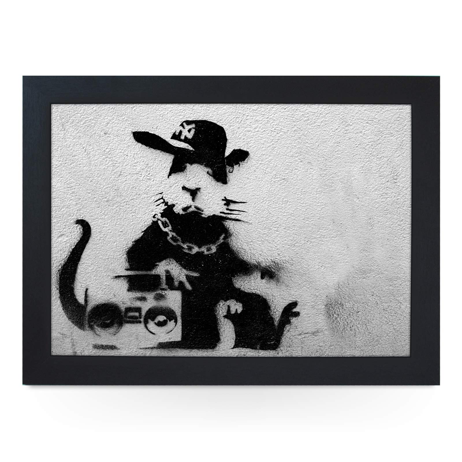 Yoosh Black Portable Lap Desk Tray (Banksy Rapper Rat) Handmade Wooden Frame, Beanbag Cushioned Bottom | Computers, Laptops, Meals, Food | L0474