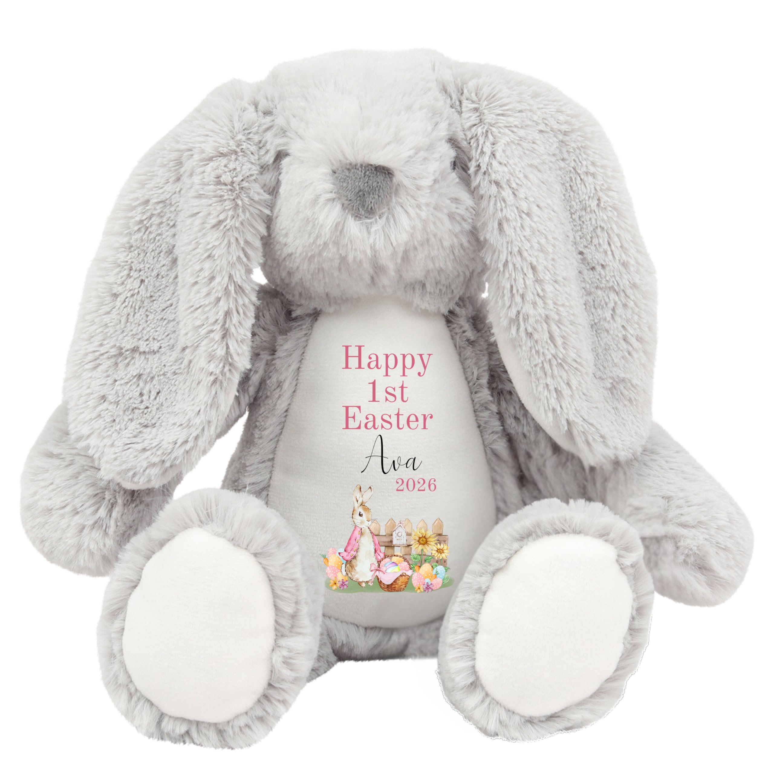HotScamp Personalised Easter Bunny with Name - Rabbit Happy 1st Easter 2026 Pink - Soft Toy for Baby, Toddler, Child, Kids, Babies Spring Time - Pink Letter Grey Bunny