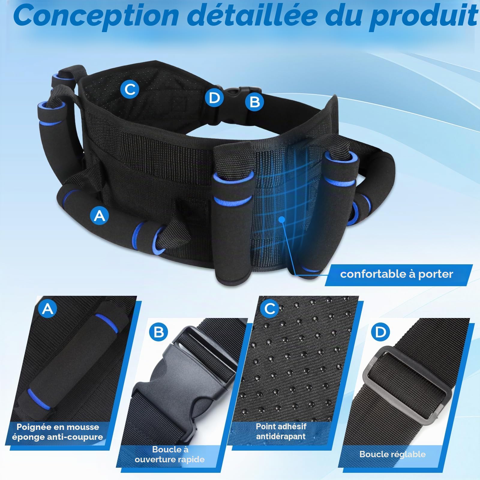 Ceinture de gait avec poignées, ceinture de transfert pour personnes âgées, ceintures de guise pour patients, ceintures de guêtre pour personnes âgées, poignées en caoutchouc
