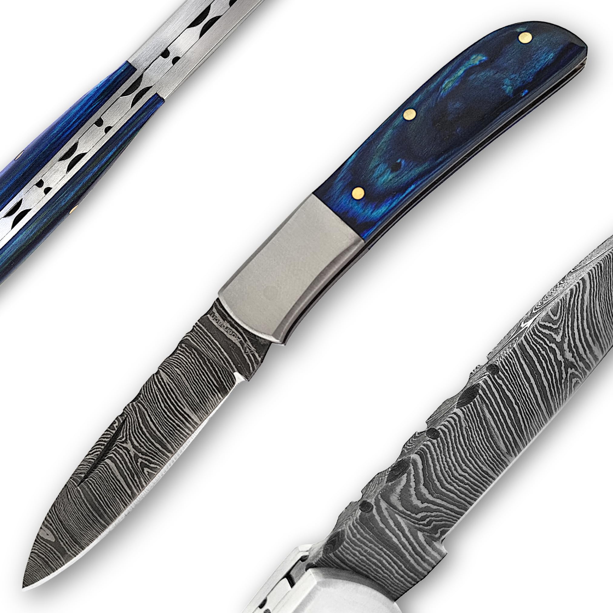 Auerbach Damastmesser Pakkaholz - Taschenmesser Klappmesser Zweihandmesser traditionelle Handarbeit Damaststahl handgeschmiedet | Geschenke für Männer