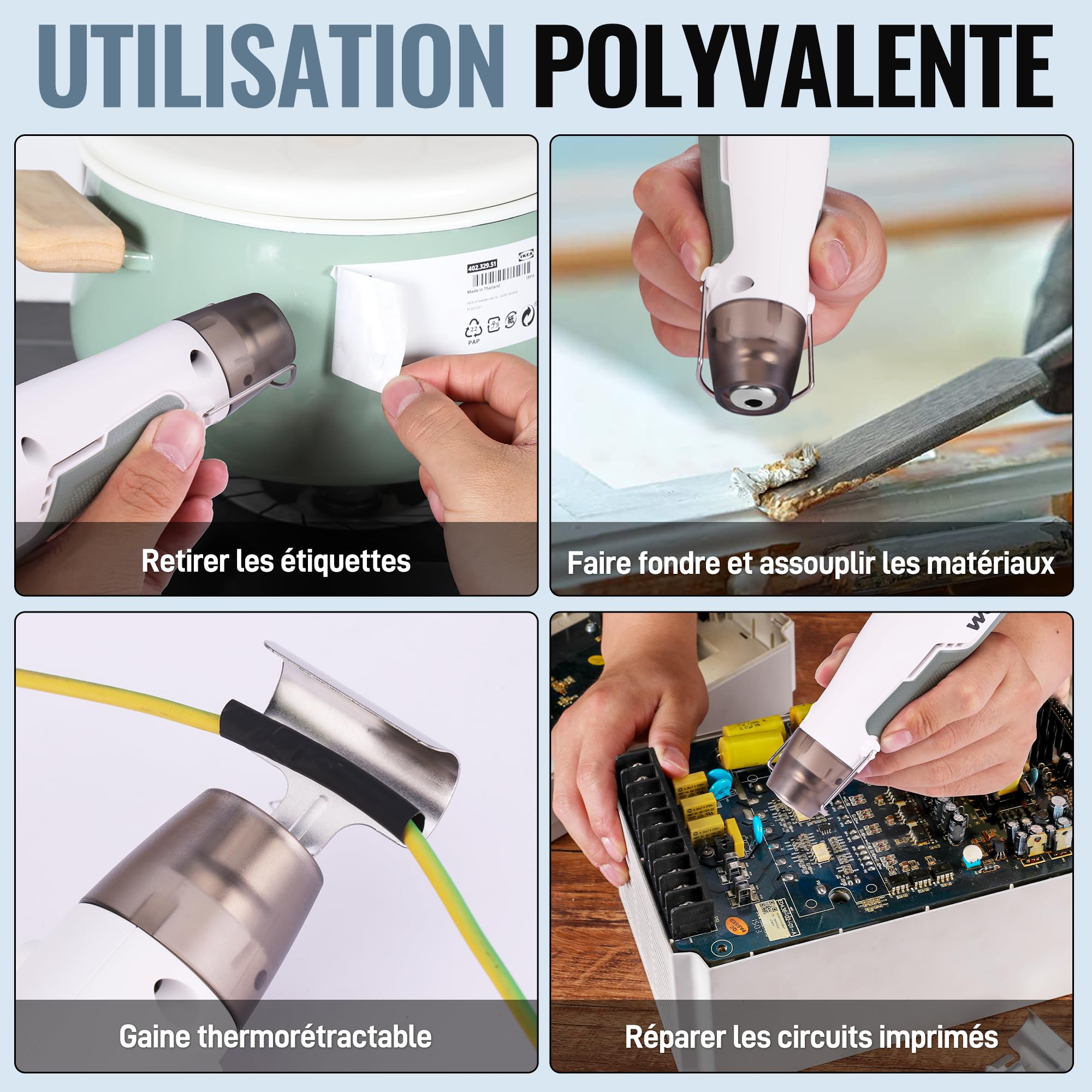 WORKPRO Mini Pistolet à Air Chaud sans Fil, Décapeur Thermique 3 Températures (Froid/300°C/450°C), Chauffage Rapide avec Buse Réflectrice
