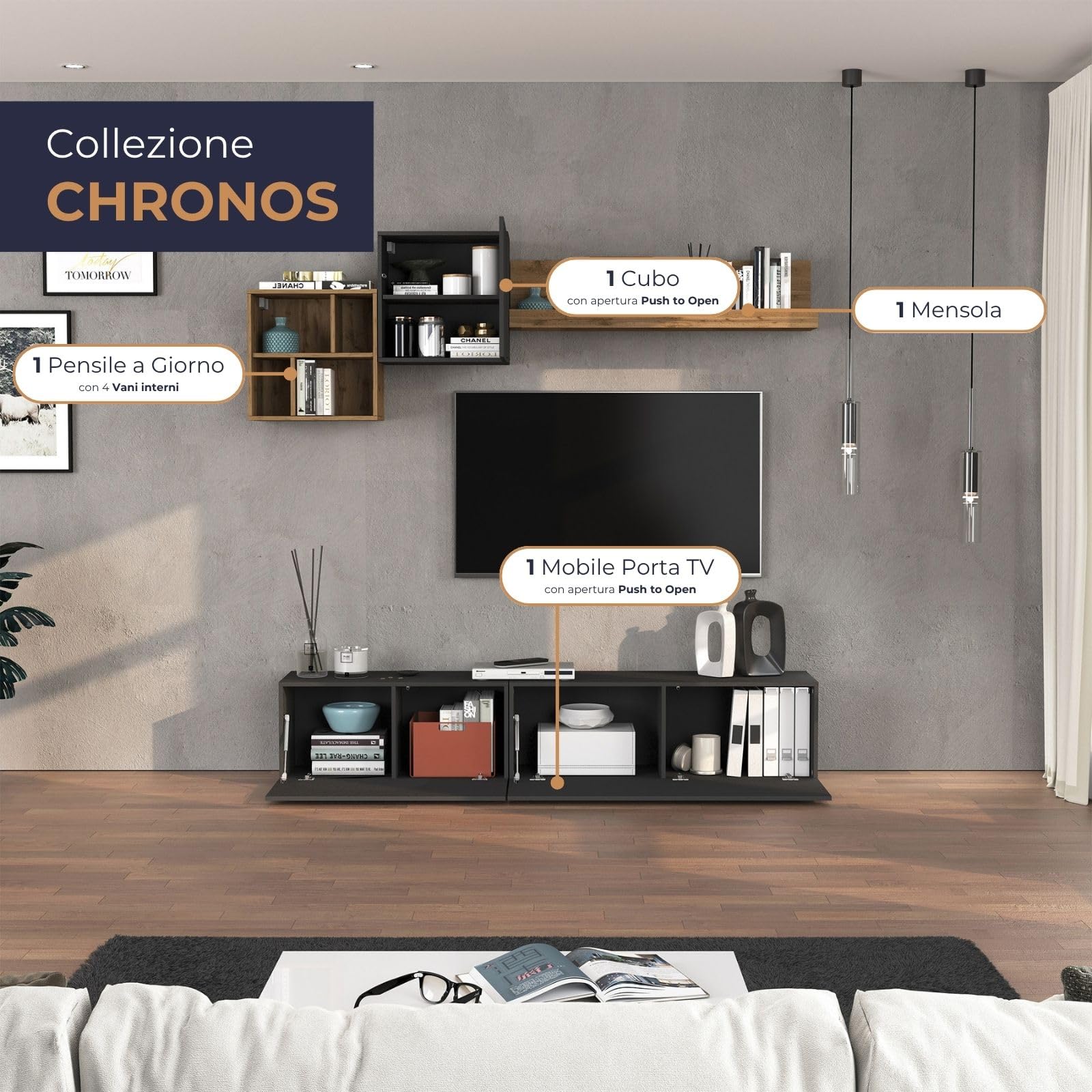 WHOUS Parete Attrezzata CHRONOS per Soggiorno, Mobile Porta TV, 2 Pensili a Cubo e Mensola per Salotto in Legno, 210x40 cm, Antracite Opaco e Rovere