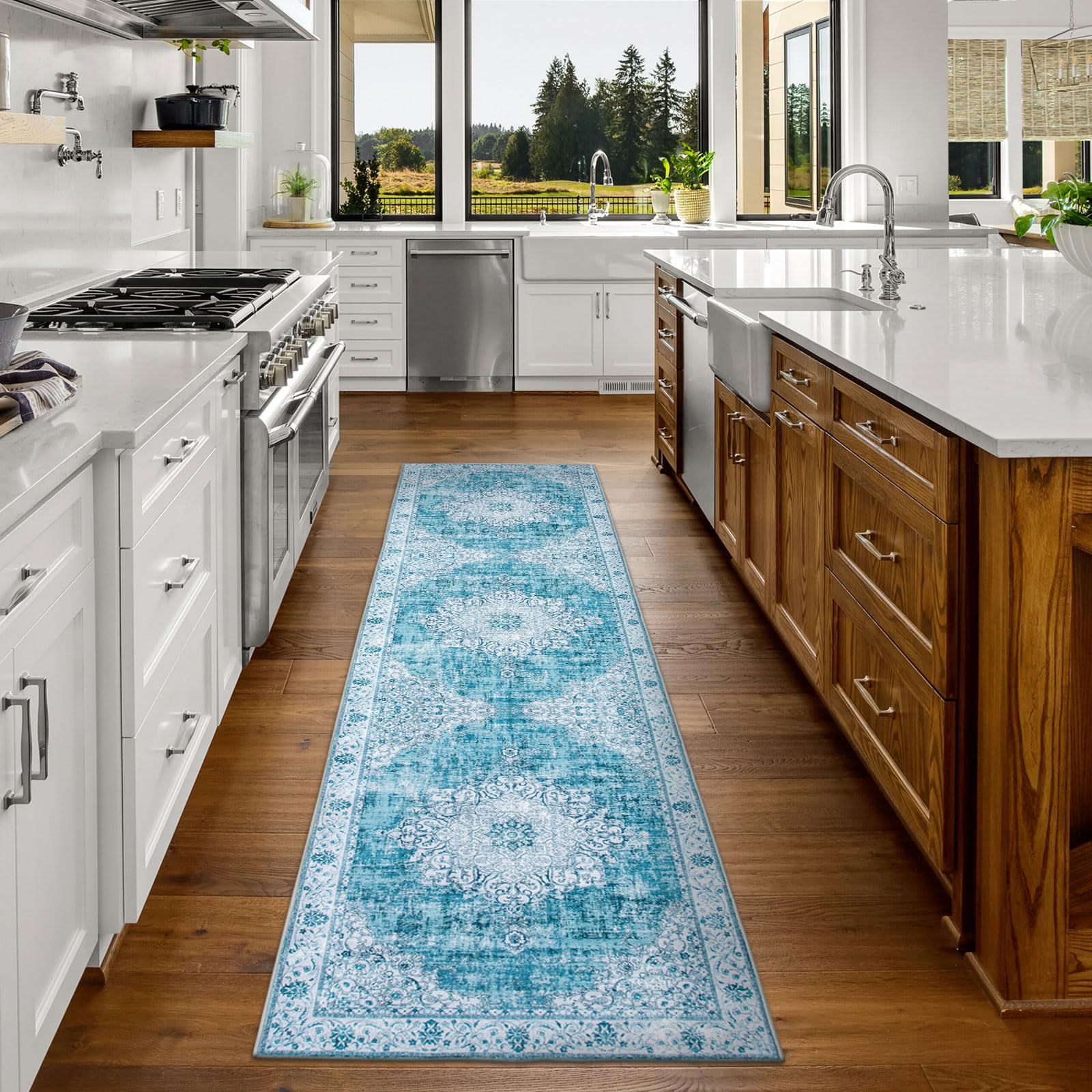 DECOMALL Washable Runner Rug, Long Rugs Blue White for Hallway Kitchen, Bohemian Vintage Foldable Carpet for Entryway Entrance, 2'6"x9'
