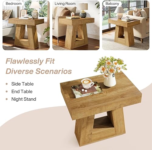 Miniatura 8 de Tribesigns Mesa auxiliar moderna de 24 pulgadas, mesa auxiliar de madera estrecha de 2 niveles con base trapezoidal, mesita de noche pequeña de