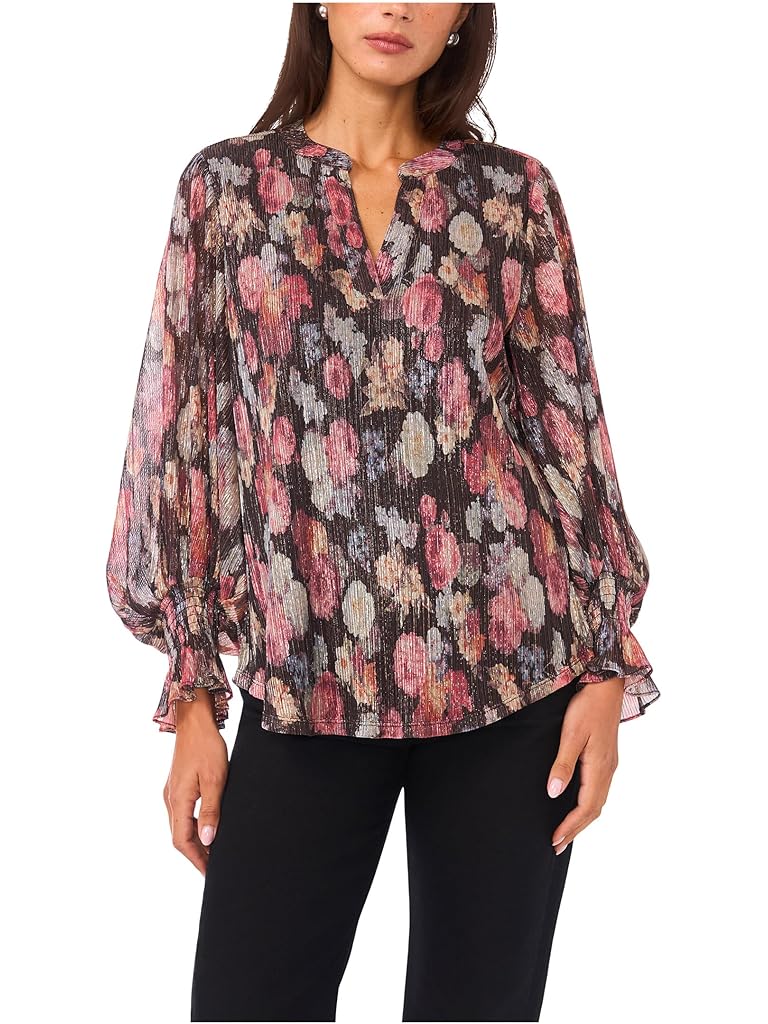 Black Vince Camuto V-Neck Balloon Sleeve Blouse