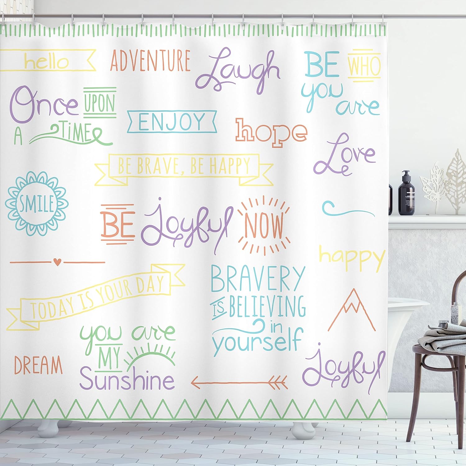 Ambesonne Adventure Shower Curtain, Various Words on Happiness and Self Value Uplifting Phrases Being Who You are, Cloth Fabric Bathroom Decor Set with Hooks, 69" W x 75" L, Lavender Green