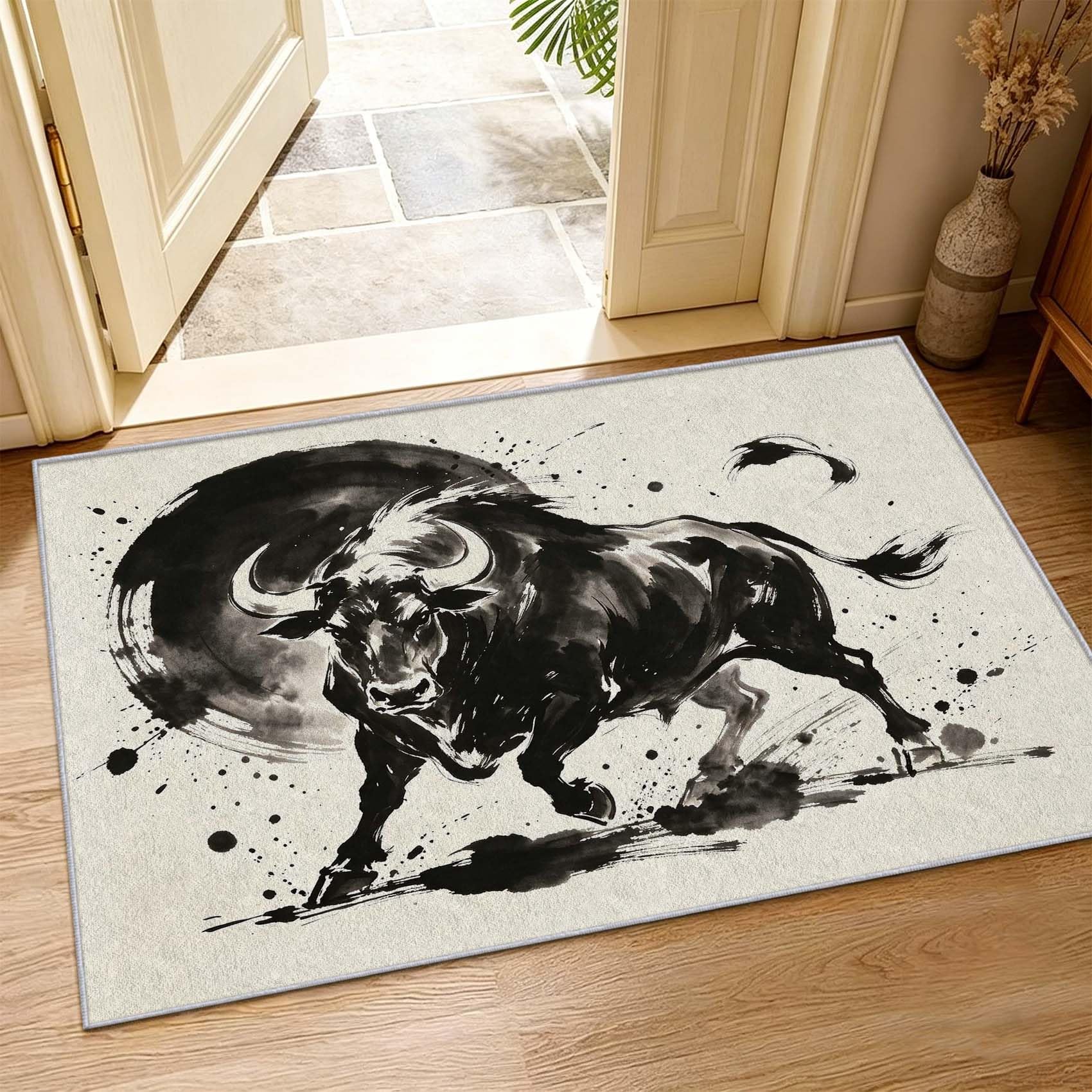 Tapis Carré 200x200cm Peinture à L'encre de Chine 3D Imprimé Poils Courts