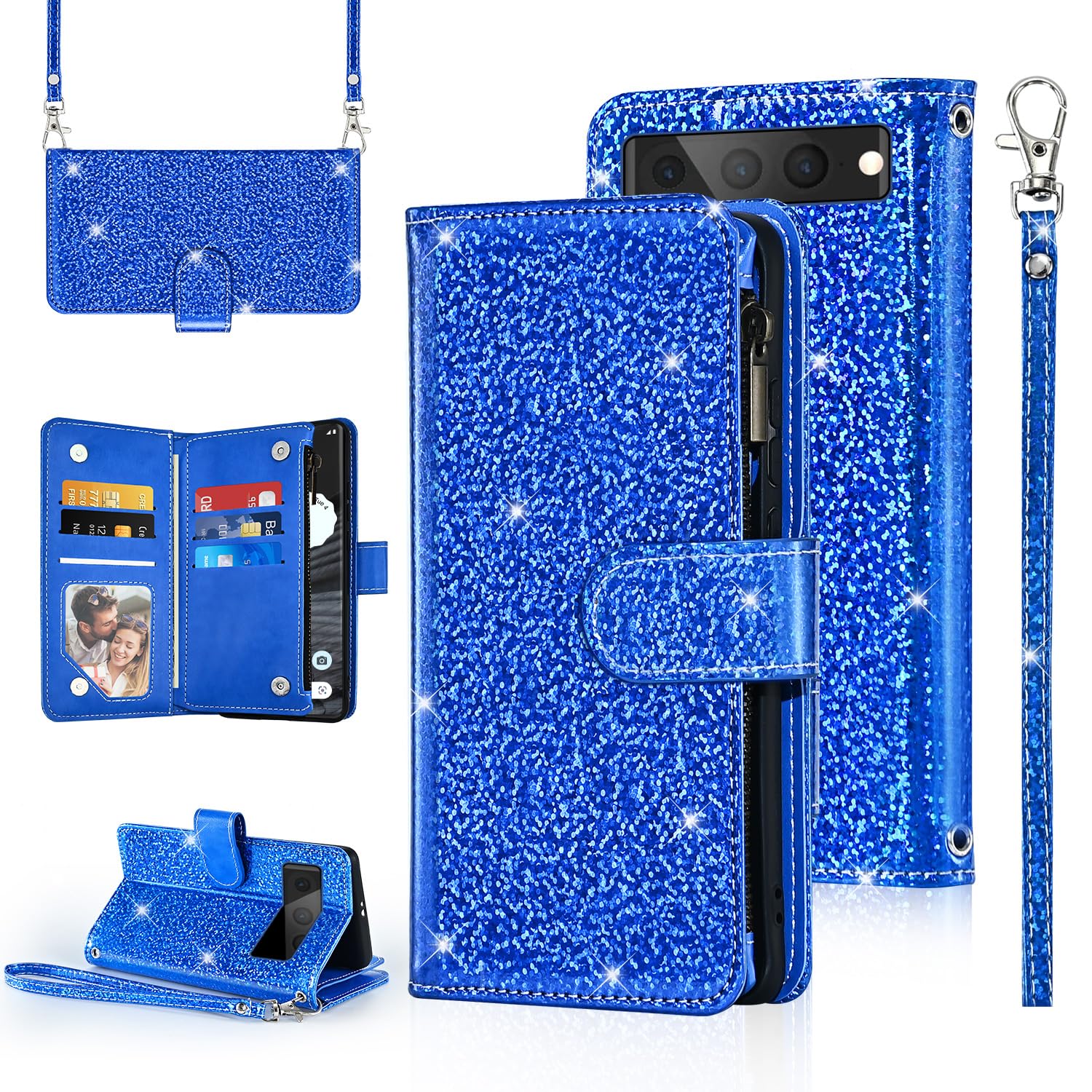 Furiet Polka dots Wallet Case for Google Pixel 7 Pro 5G with Wrist Strap Shoulder Strap Zipper Flip Purse Sparkly Glitter Card Holder Stand Cell Phone Cover for Pixel7Pro Pixel7 XL Seven 7Pro 6.7 Blue
