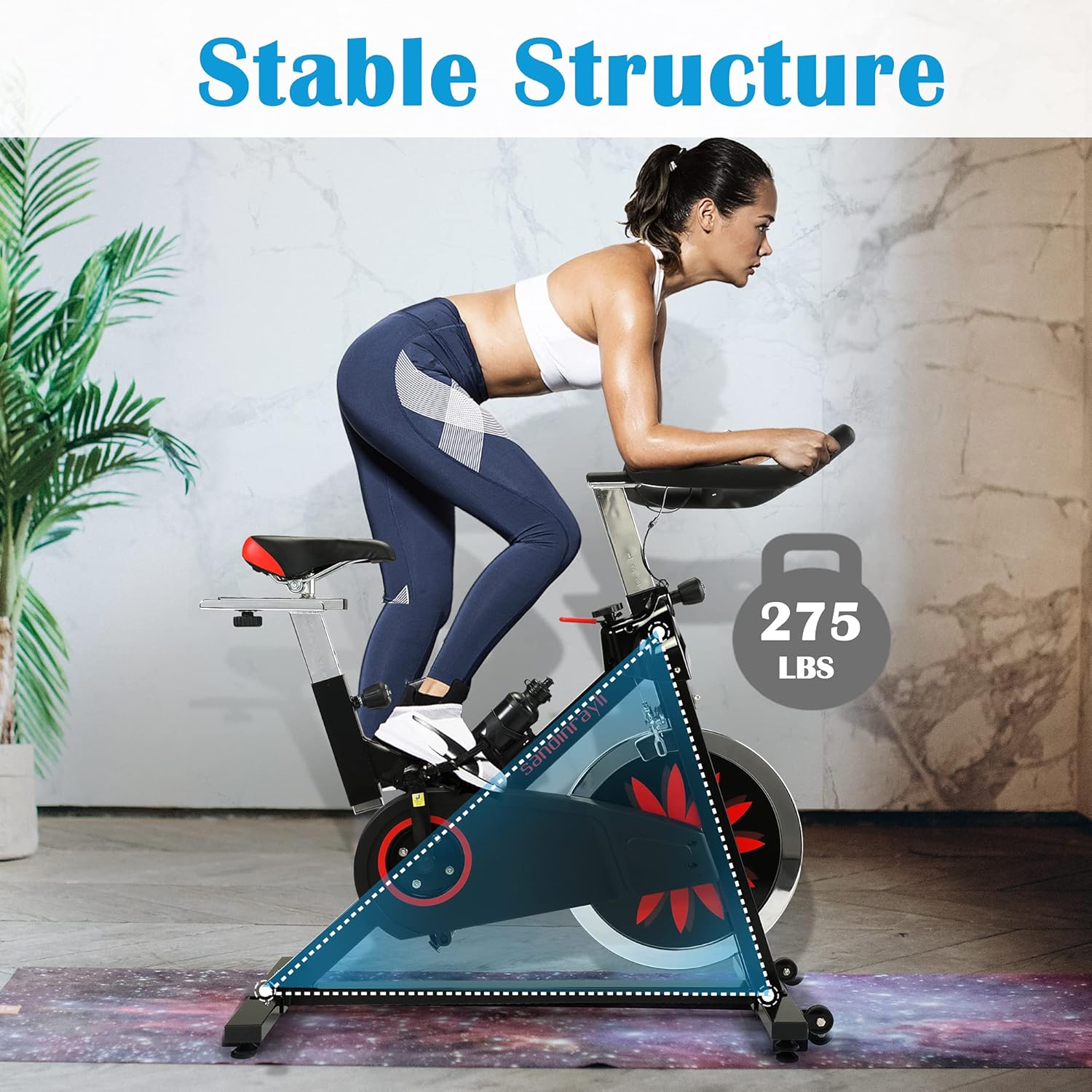 Sandinrayli Indoor Cycling Bike with a diagram highlighting its stable triangular structure and 275 LBS weight capacity