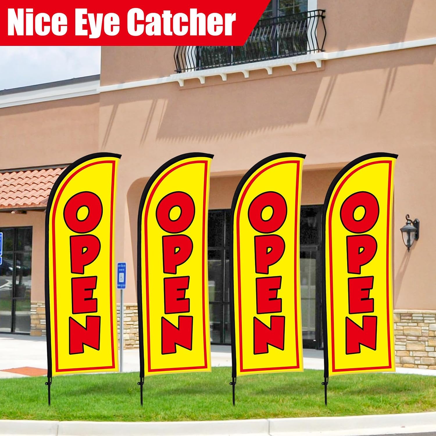 Buryeah 4 Sets Open Feather Flag Pole Kit for Business Advertising 8 ft Open Flag Banner Sign with Pole Kit Ground Stake and Portable Bag for Outside Ground (Yellow)